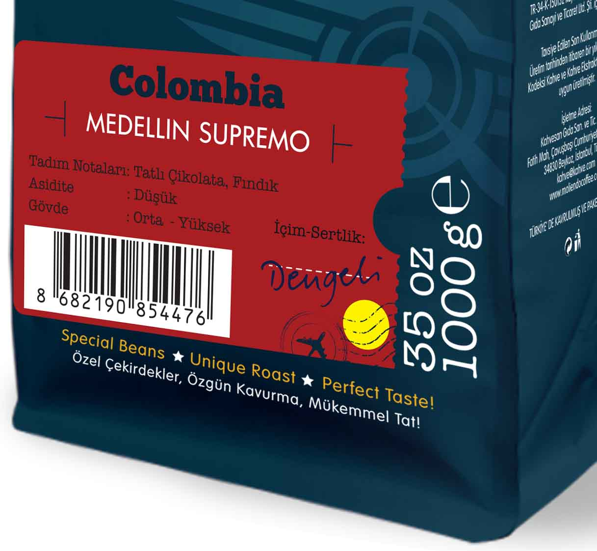 Kahve poşeti etiketi: Medellin Supremo, kırmızı ve beyaz, detaylar ve barkod ile.