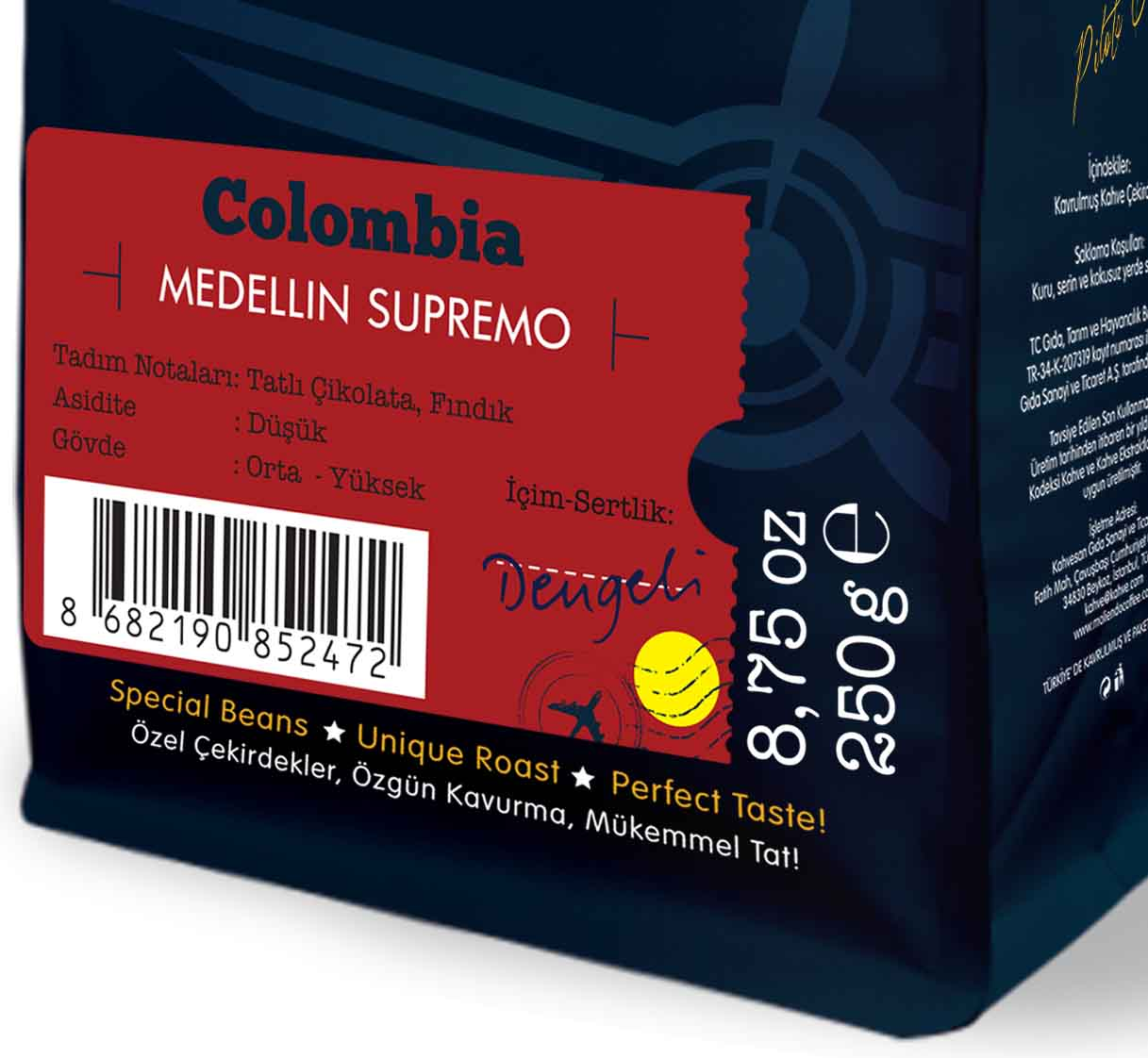 Kahve paketi, Medellin Supremo, lezzet notları ve ürün bilgileri detaylarıyla.