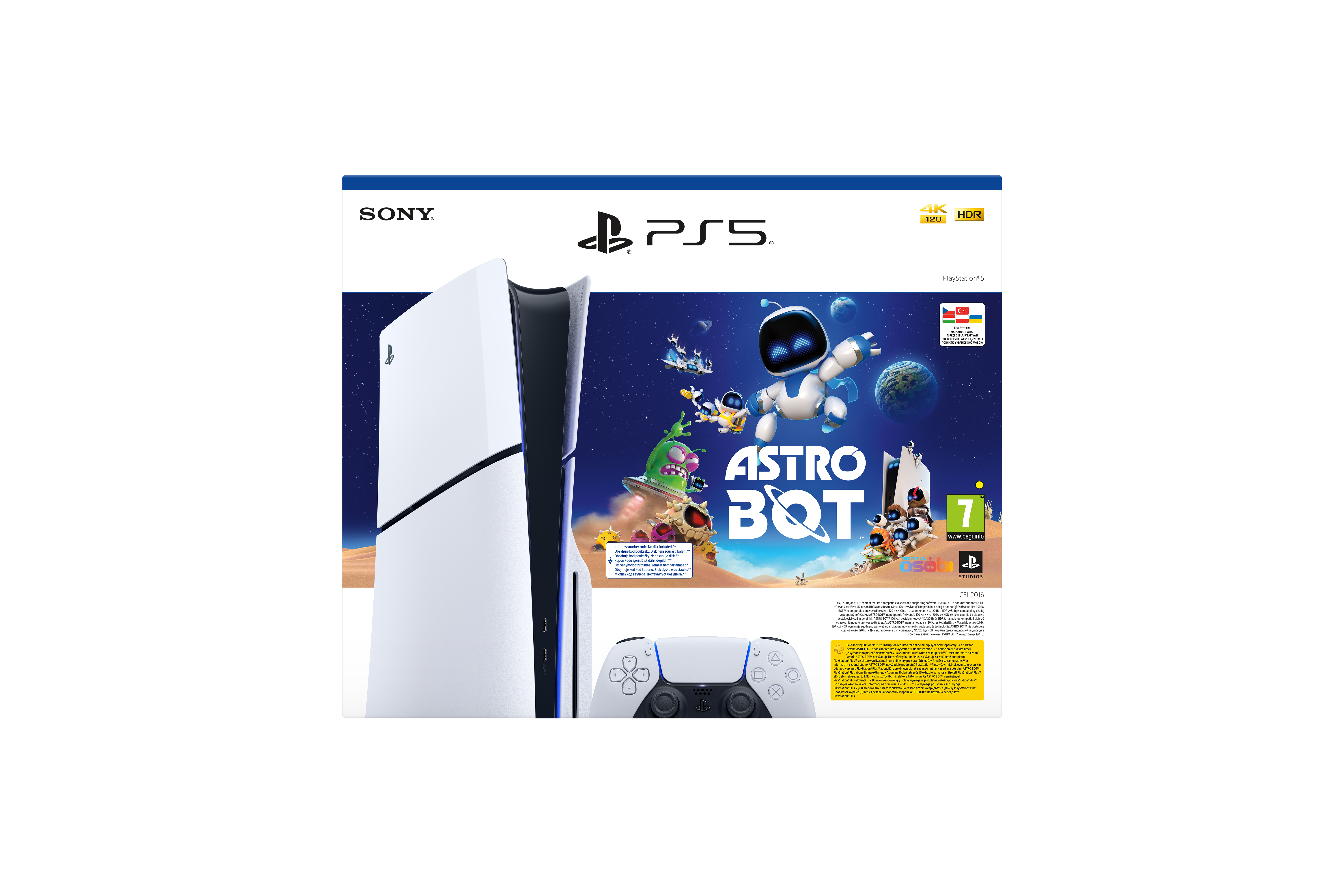 Beyaz bir kontrolcü ile PlayStation 5 konsolu ve Astro Bot oyun kutusu.