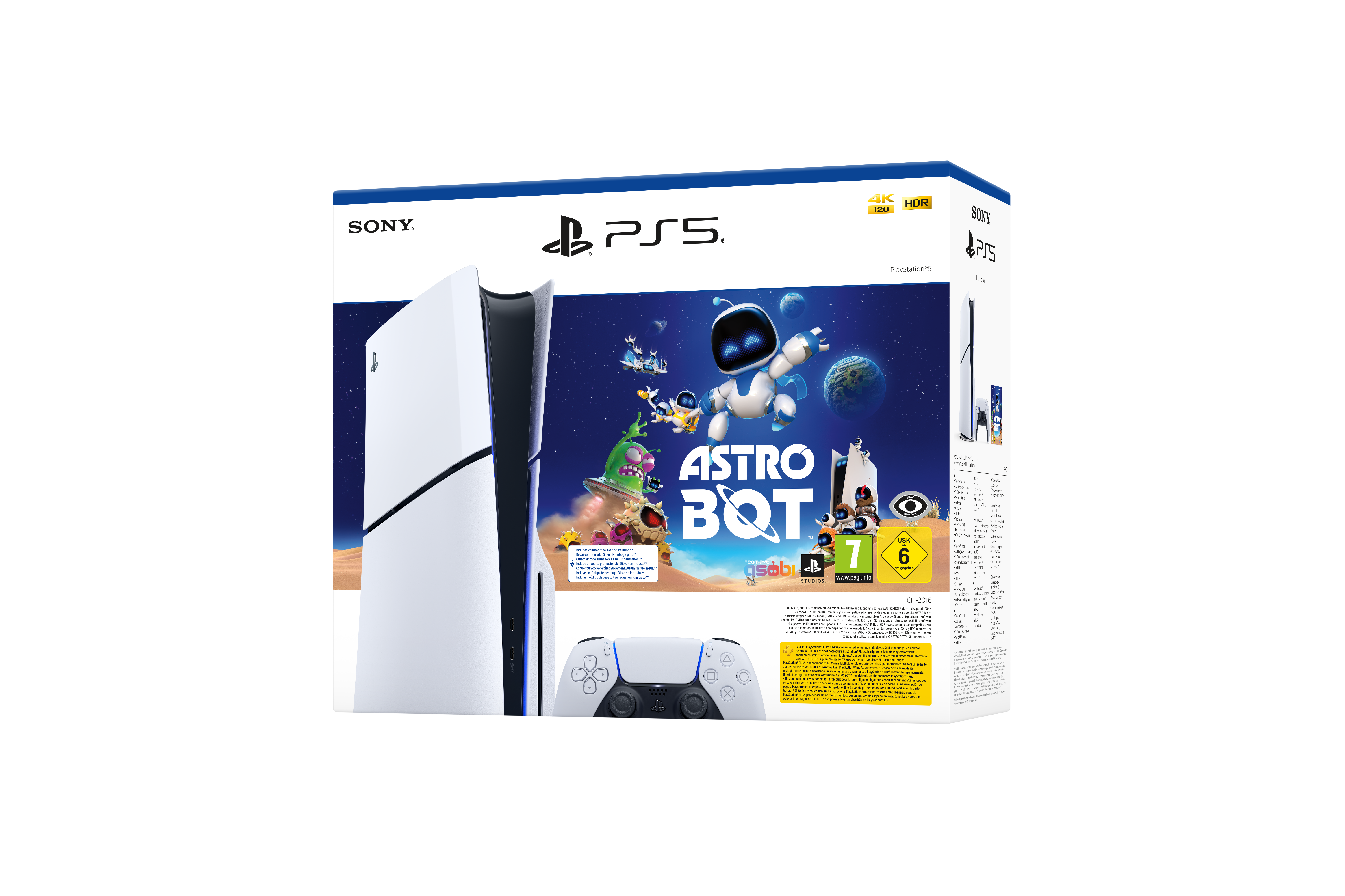 PlayStation 5 kutusu, konsol ve kontrolcü. Siyah ve beyaz tasarım, siyah zemin.