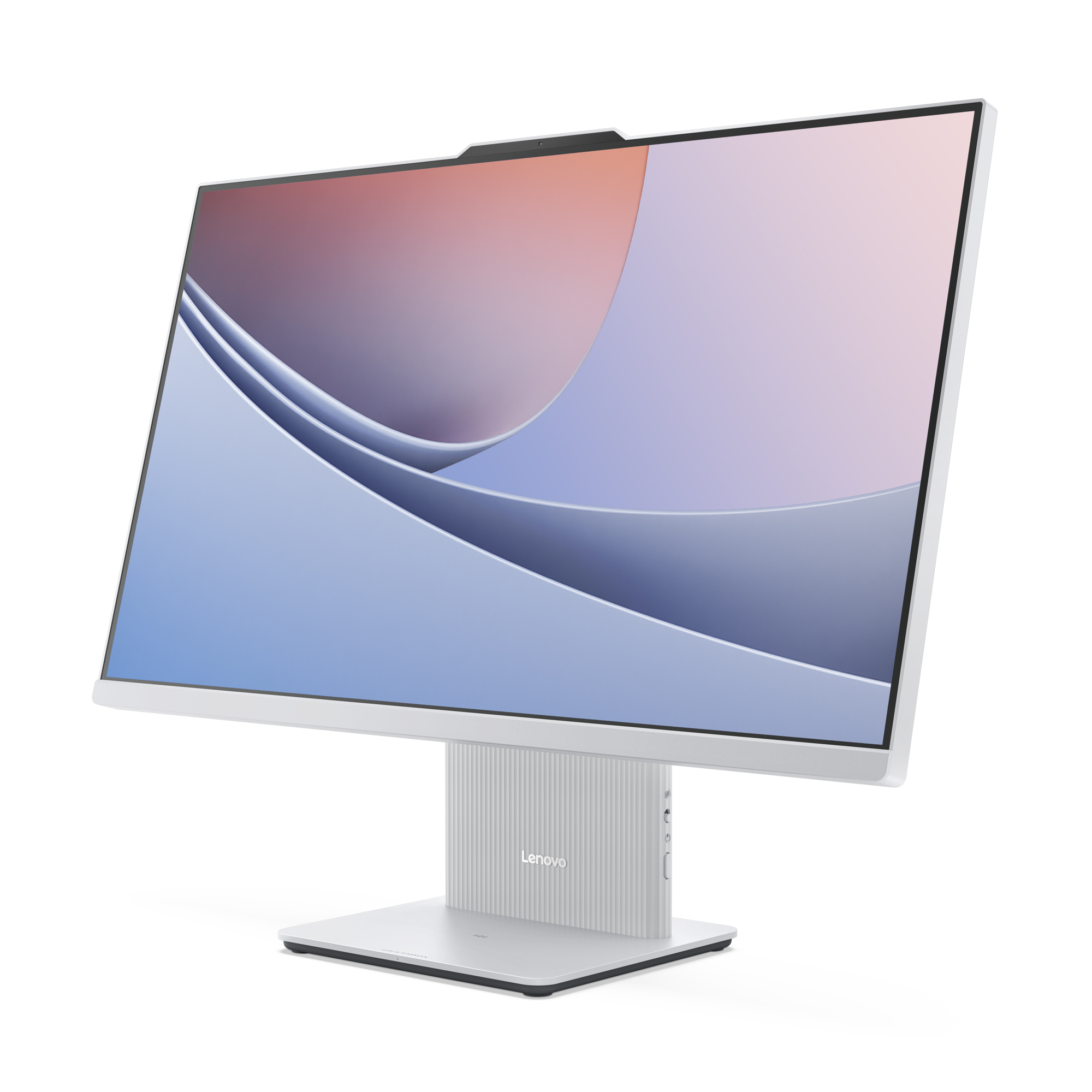 Beyaz bir Lenovo hepsi bir arada bilgisayar, beyaz bir stand üzerinde, gri bir arka plan ile.
