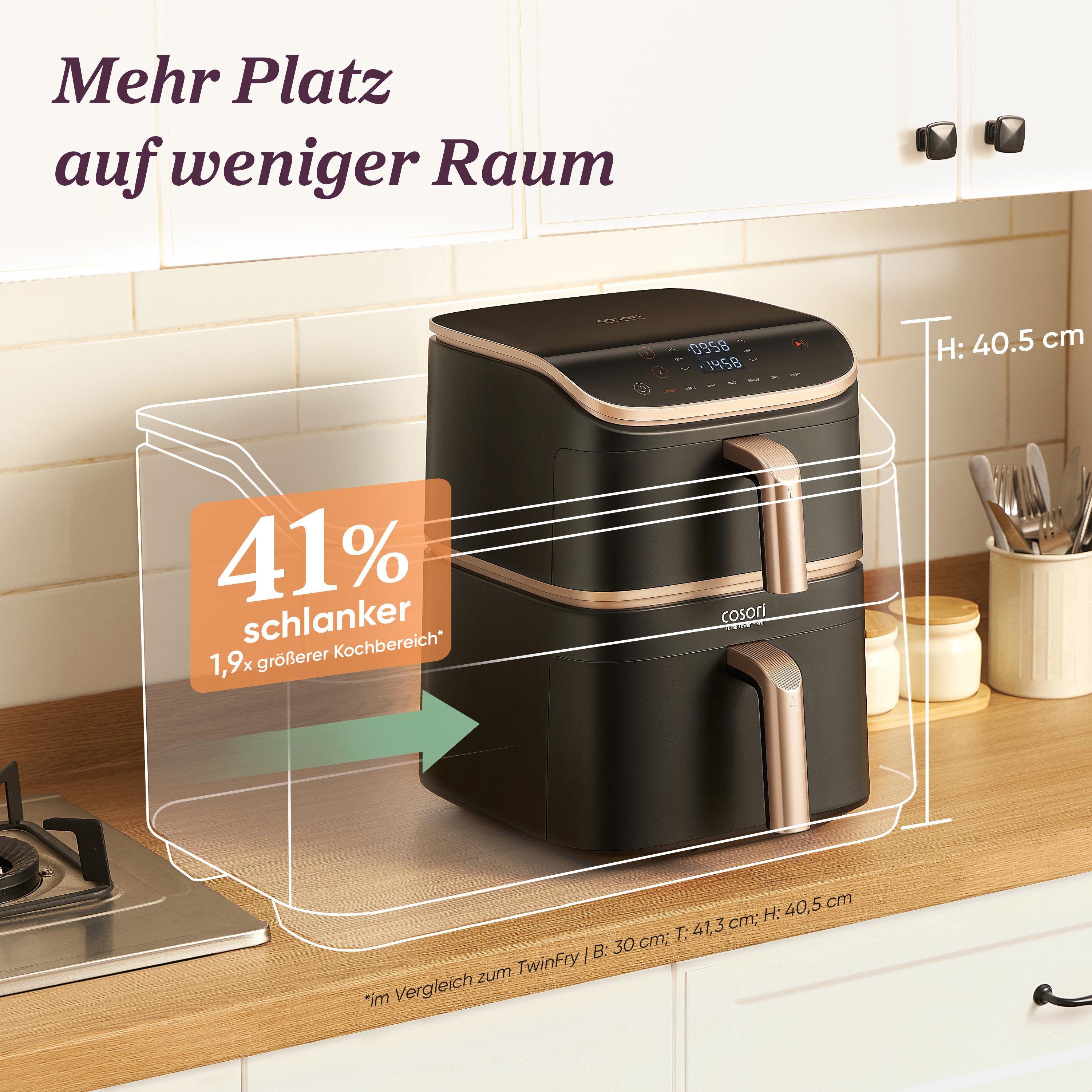 Schwarze und goldene Heißluftfritteuse auf Küchentisch mit Grafik.