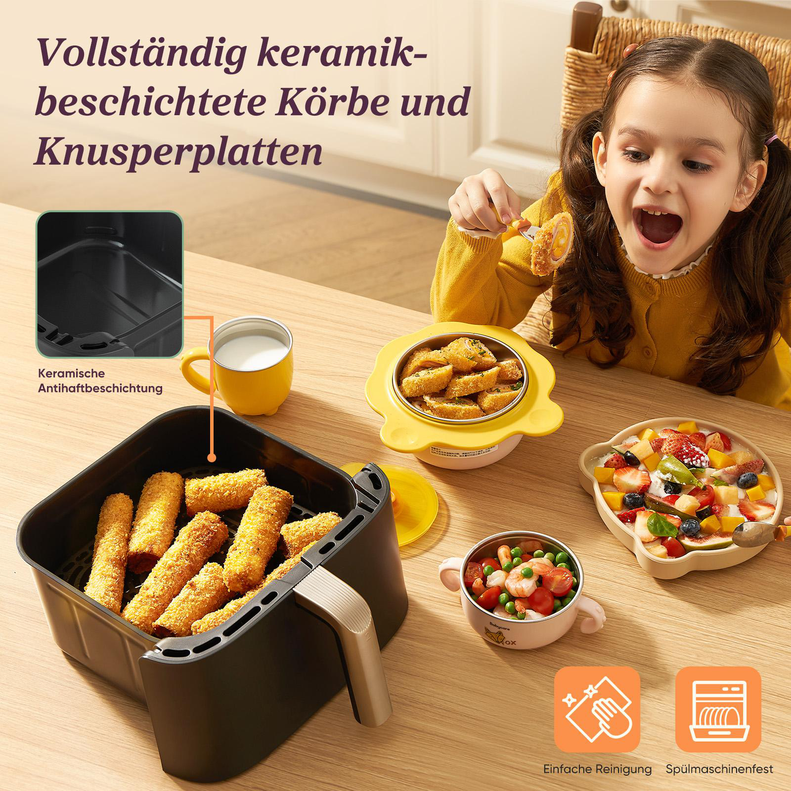 Mädchen isst frittiertes Essen aus einer schwarzen Heißluftfritteuse. Andere Gerichte und ein gelber Becher auf dem Tisch.