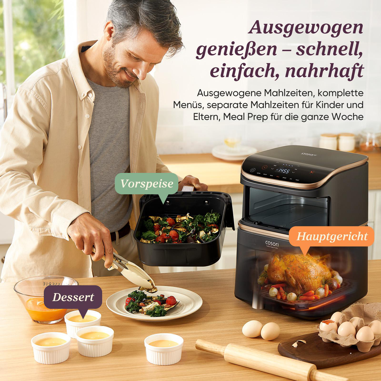Mann mit Heißluftfritteuse, verschiedene Lebensmittel und Text auf Deutsch.