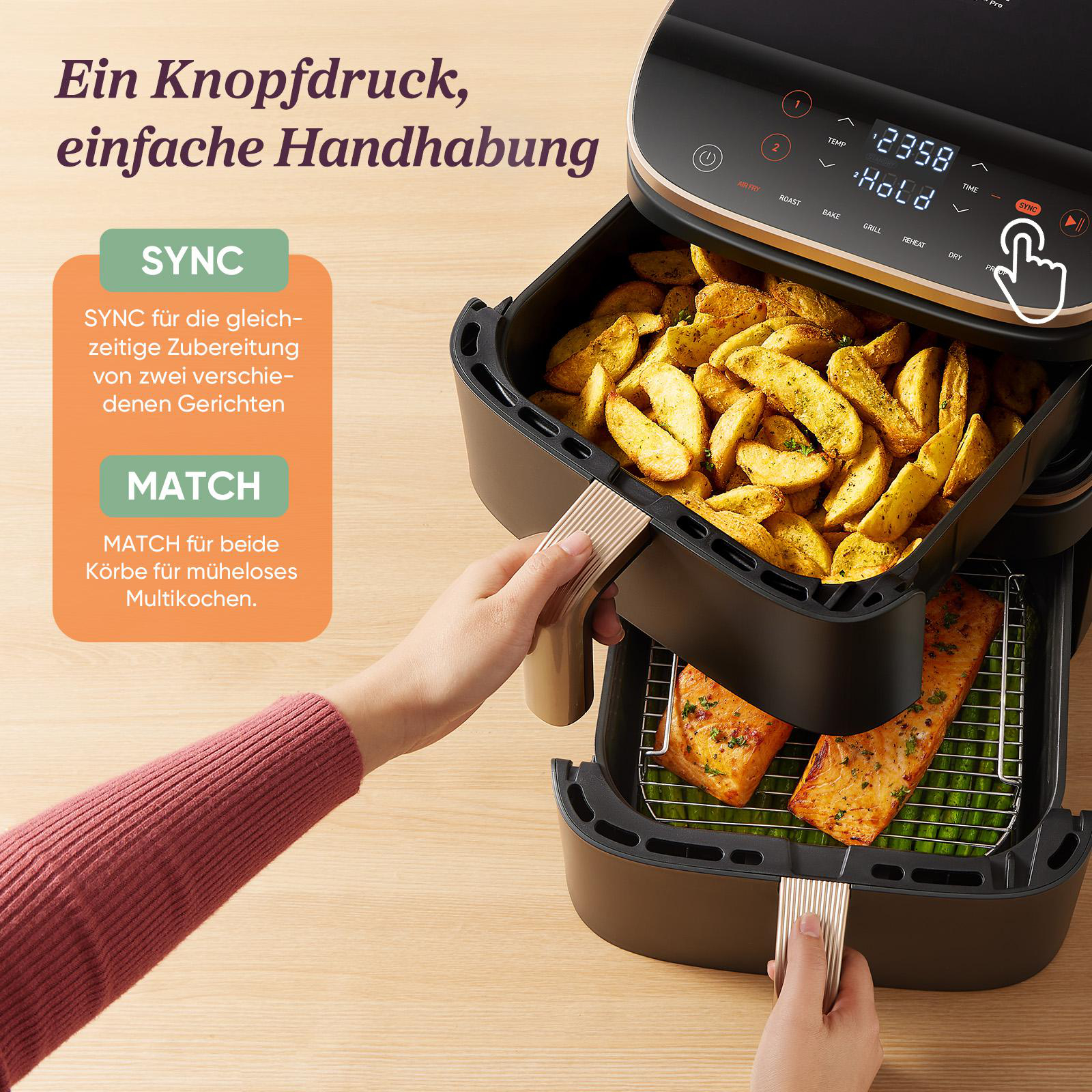 Eine Heißluftfritteuse mit Essen. Eine Hand justiert den Korb. Text: Einfache Handhabung.