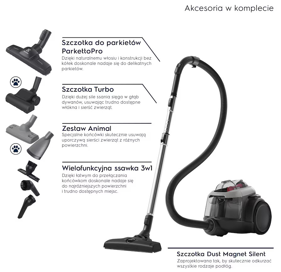 Akcesoria do odkurzacza, różne głowice szczotek i odkurzacz.