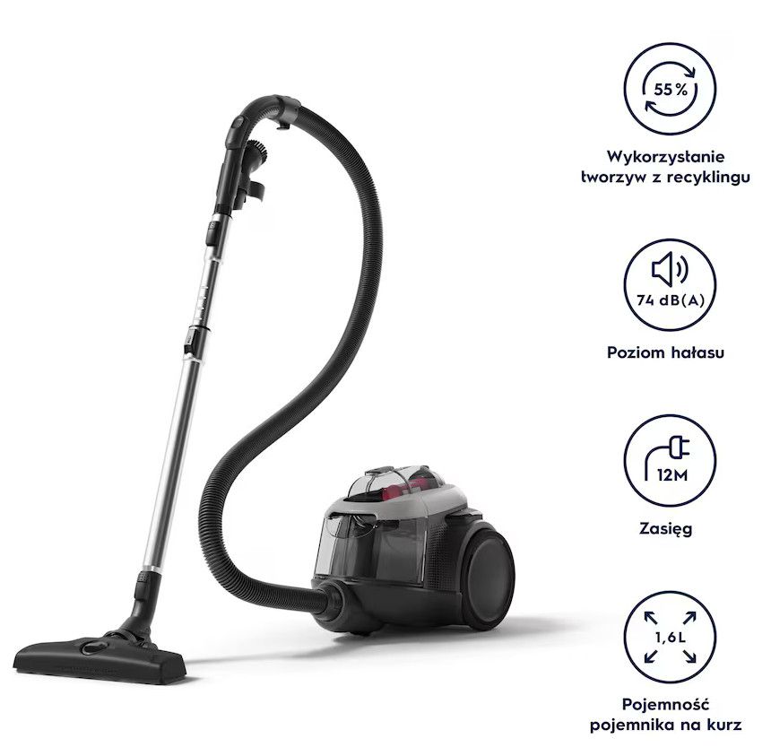 Czarno-szary odkurzacz z długim wężem i akcesoriami. Ikony informacyjne po prawej stronie.