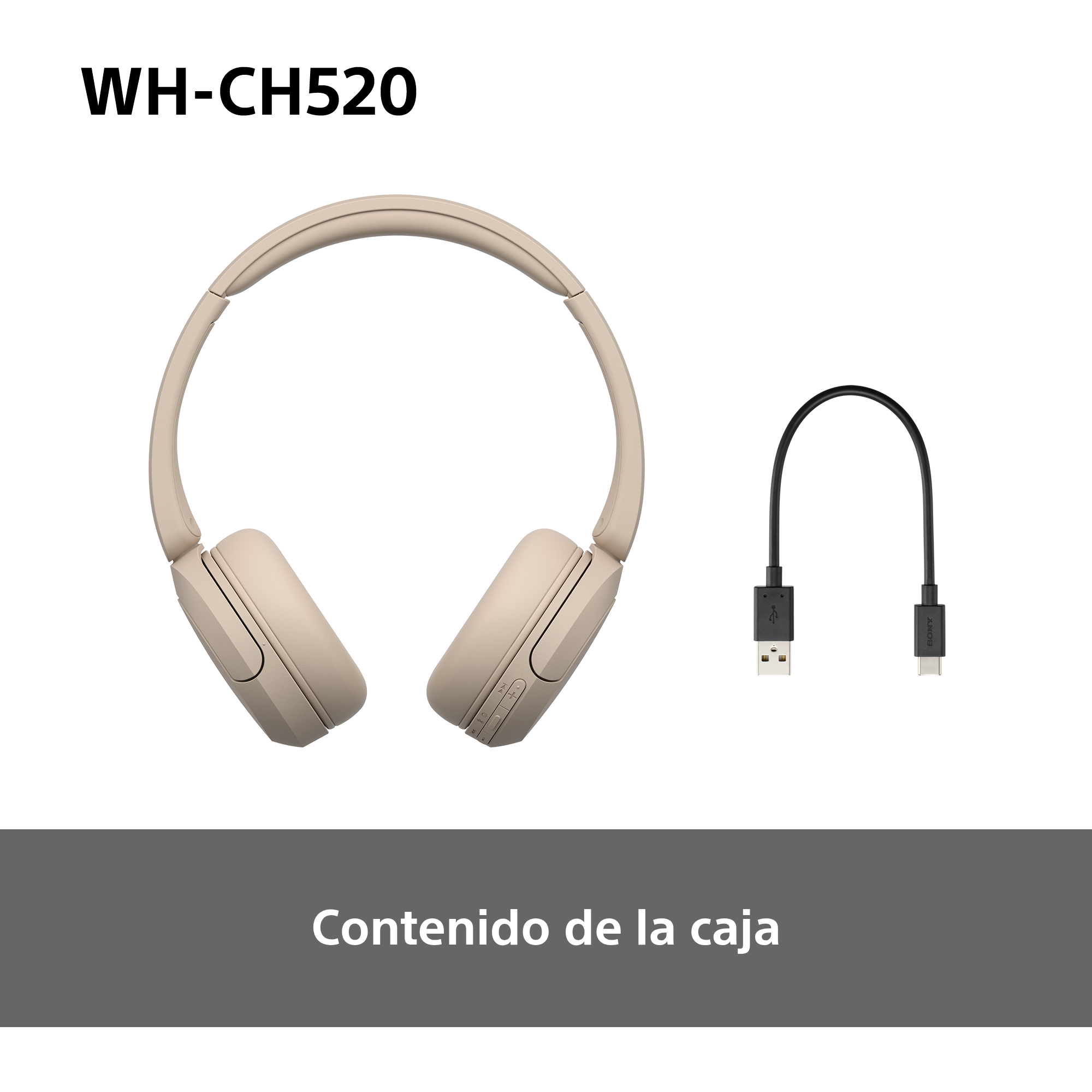 Auriculares Sony color beige con cable de carga sobre superficie blanca, indicando el contenido de la caja.