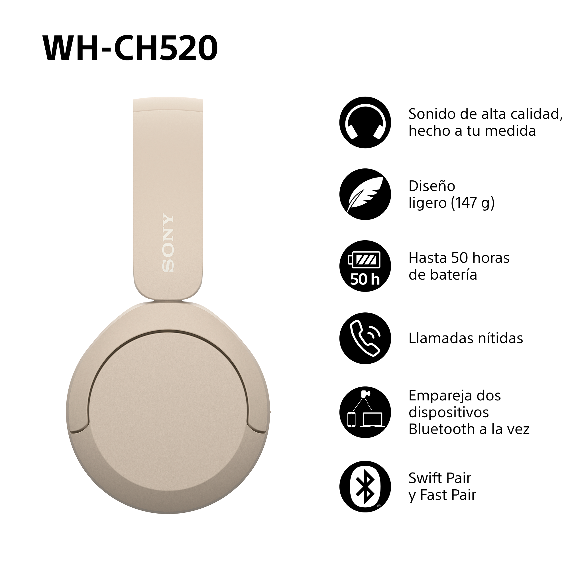 Auriculares Sony beige con iconos de información.