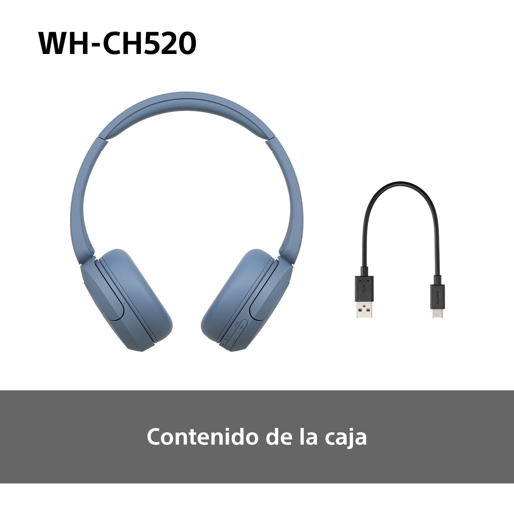 Auriculares azules y un cable USB-C. 'WH-CH520' arriba. Fondo blanco.