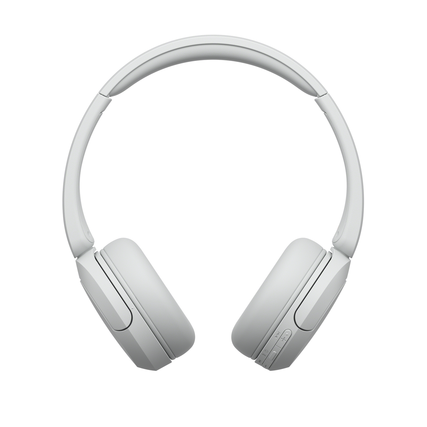 Auriculares blancos sobre la cabeza sobre fondo blanco, mostrando botones en la orejera.