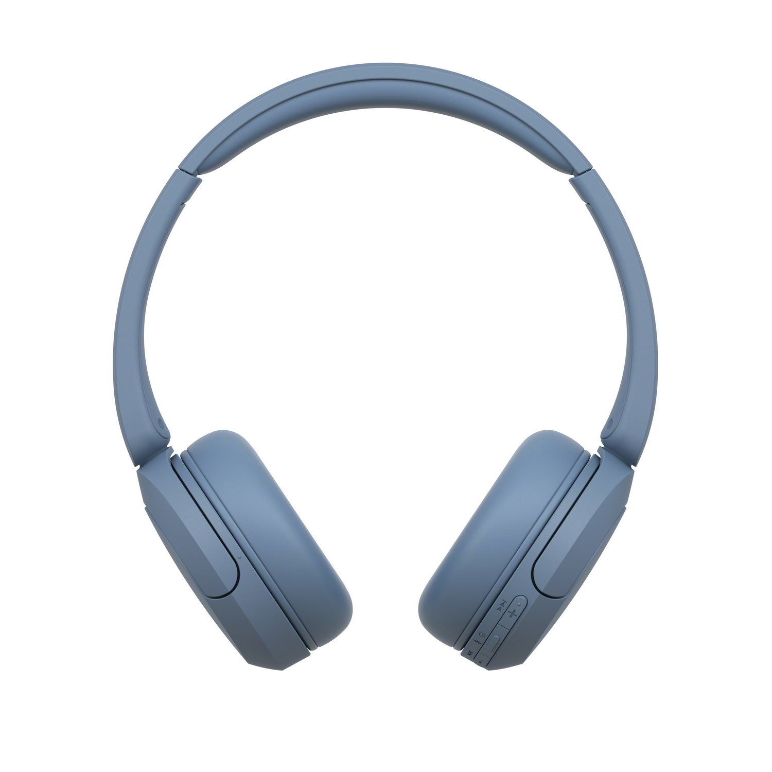 Auriculares azules, vistos desde arriba, aislados sobre un fondo blanco.