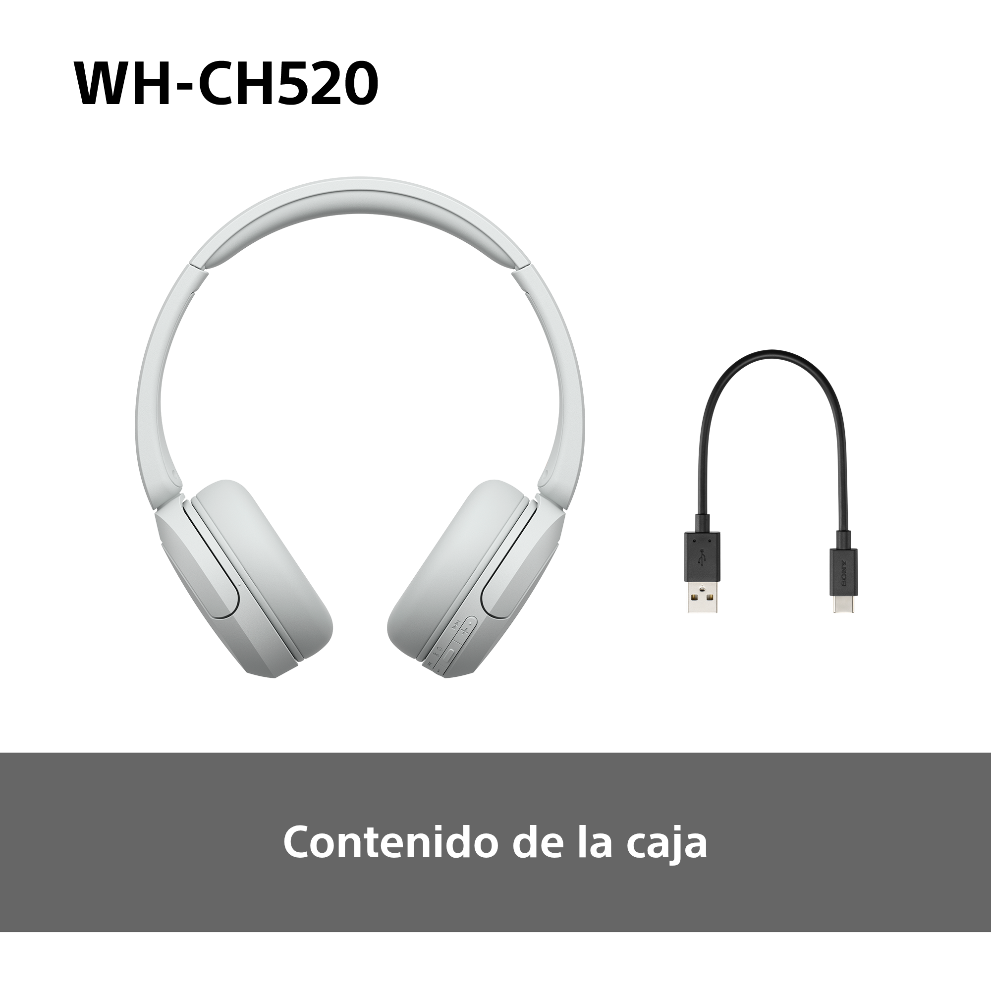 Auriculares blancos y un cable USB sobre un fondo blanco. Texto: Contenido de la caja.
