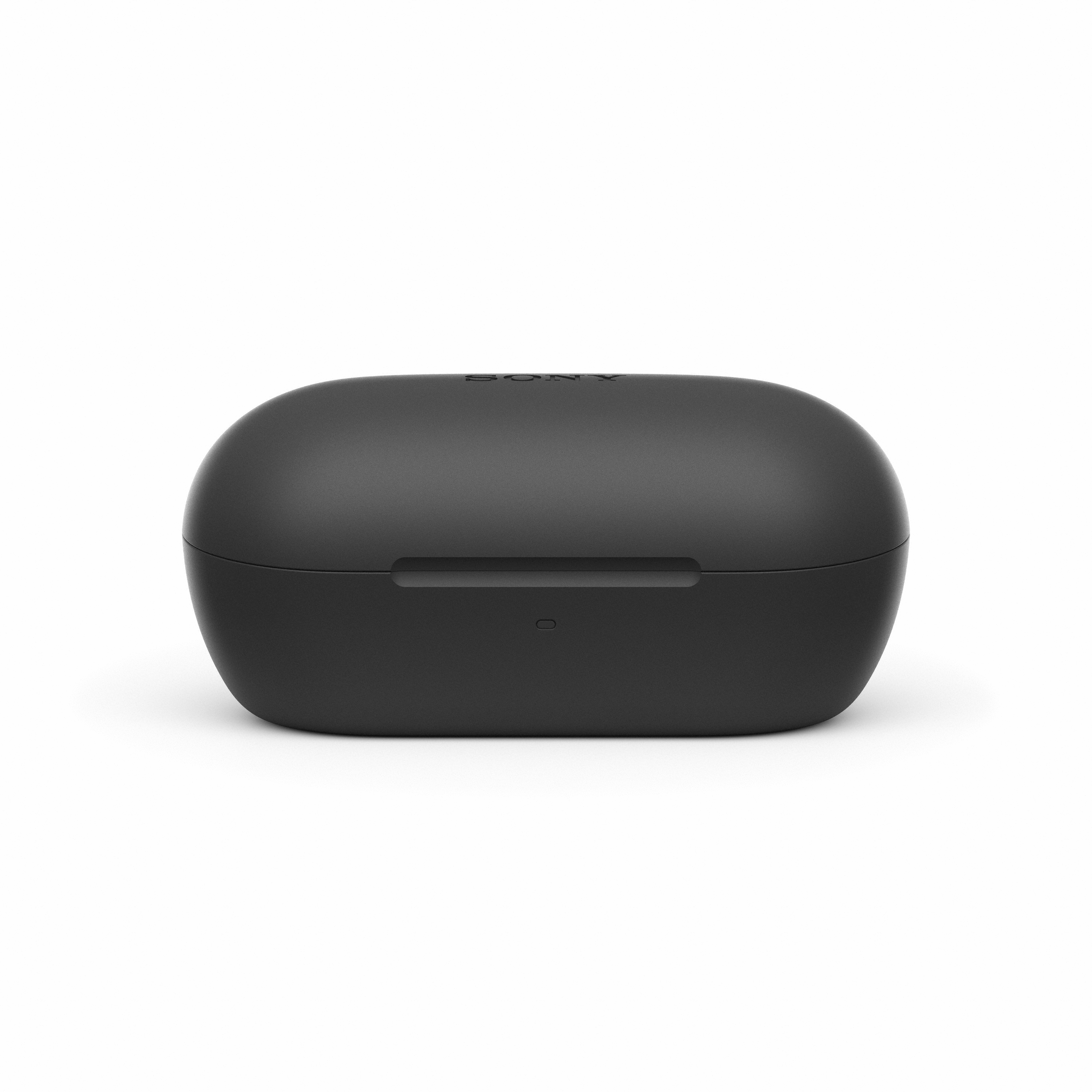 Ein schwarzes Sony Ladecase für Ohrhörer auf weißem Hintergrund.