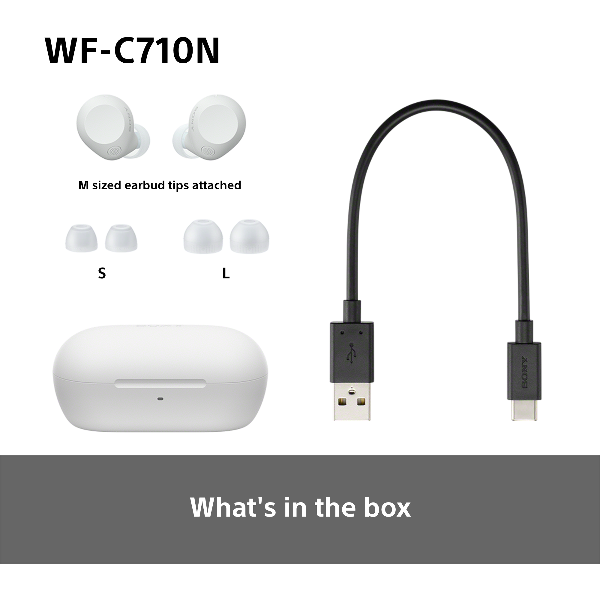 Weiße Ohrhörer, Ladekabel und zusätzliche Ohrstöpsel.