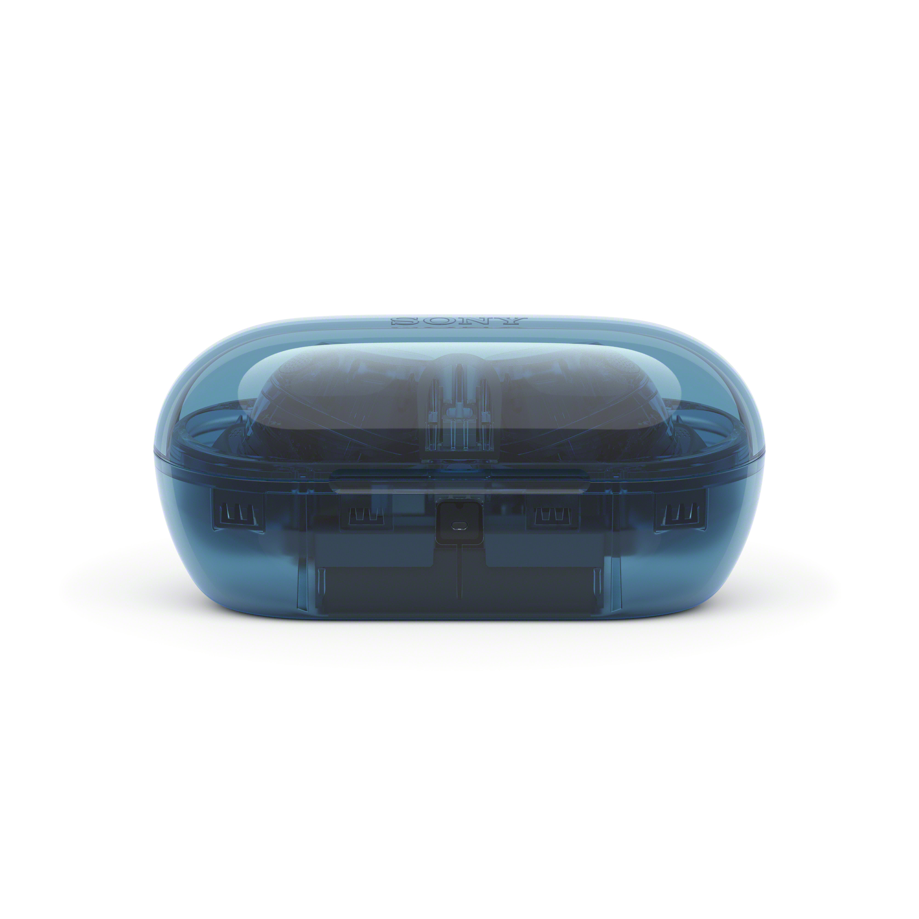 Ein geschlossenes blaues Gehäuse mit dem Wort SONY darauf.