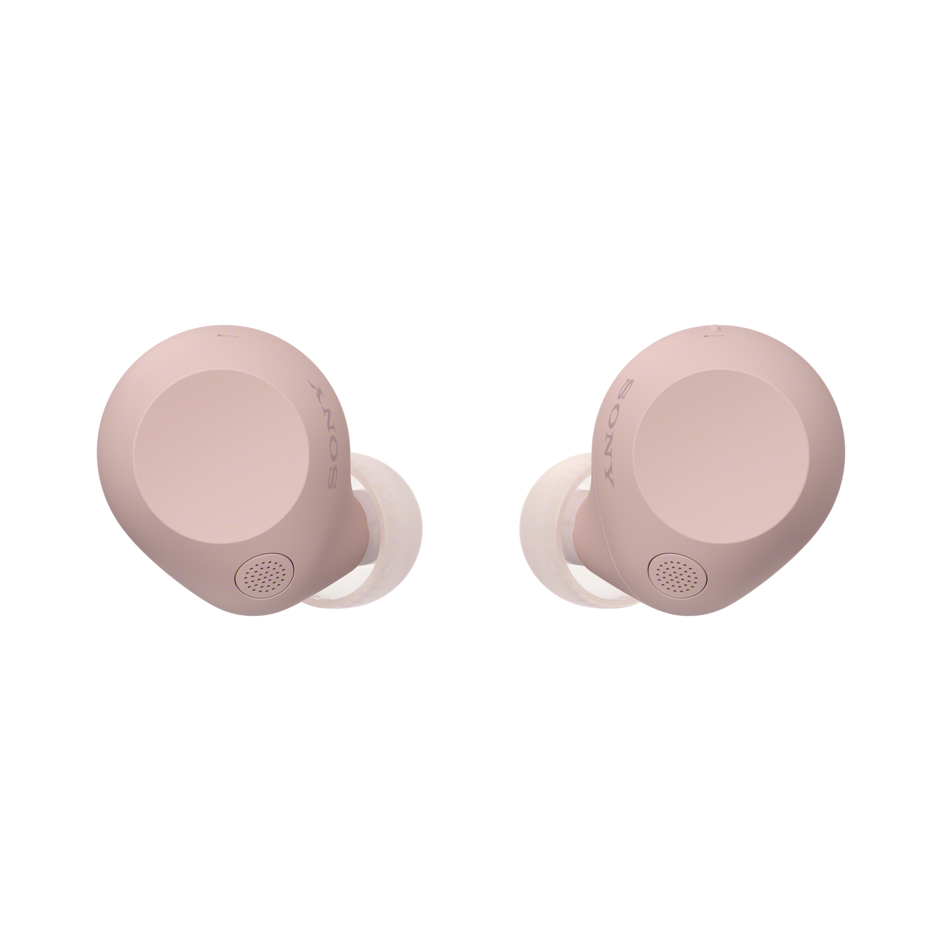 Paar rosa Sony Ohrhörer auf weißer Oberfläche.