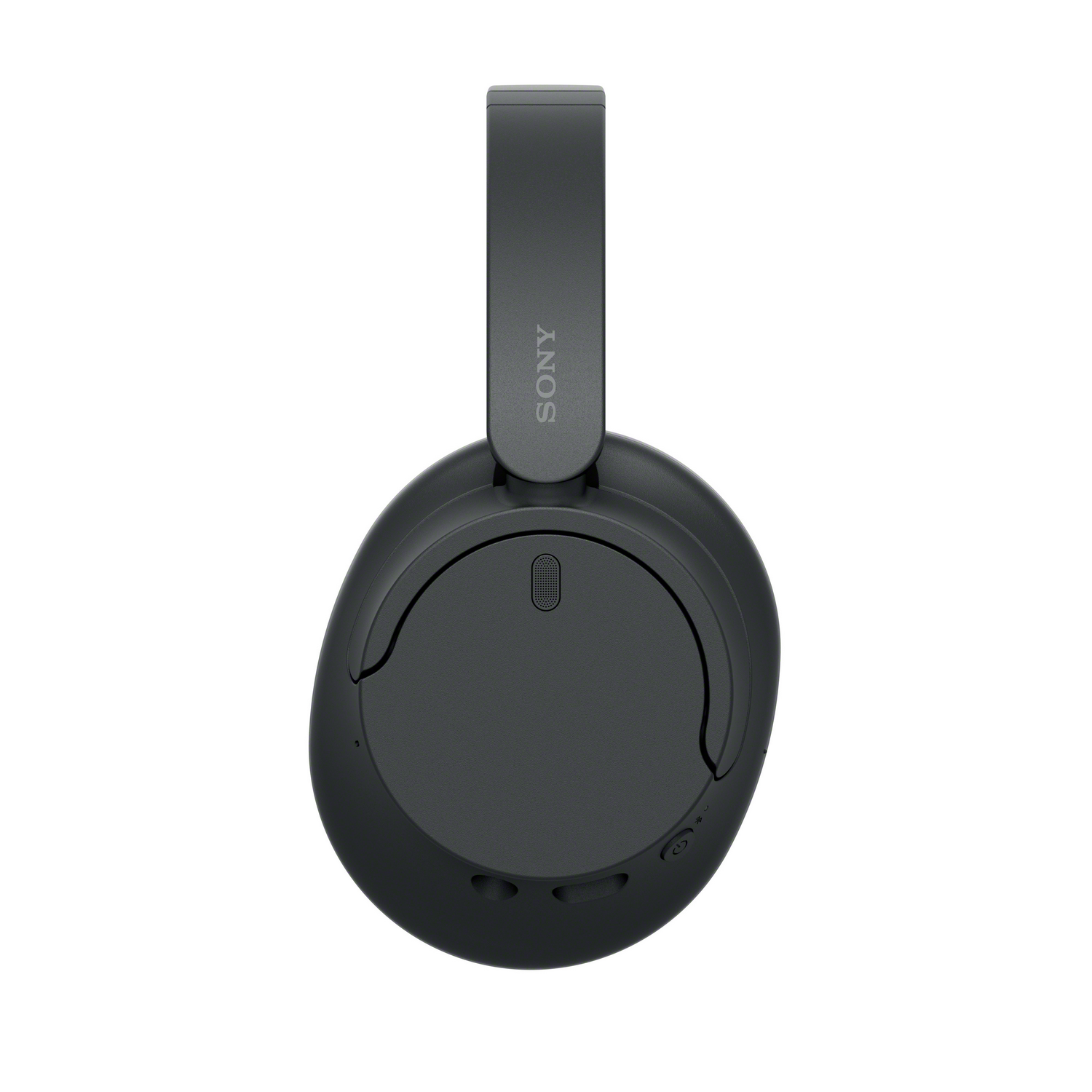 Auriculares Sony negros, vista superior, con el nombre de la marca en la diadema.