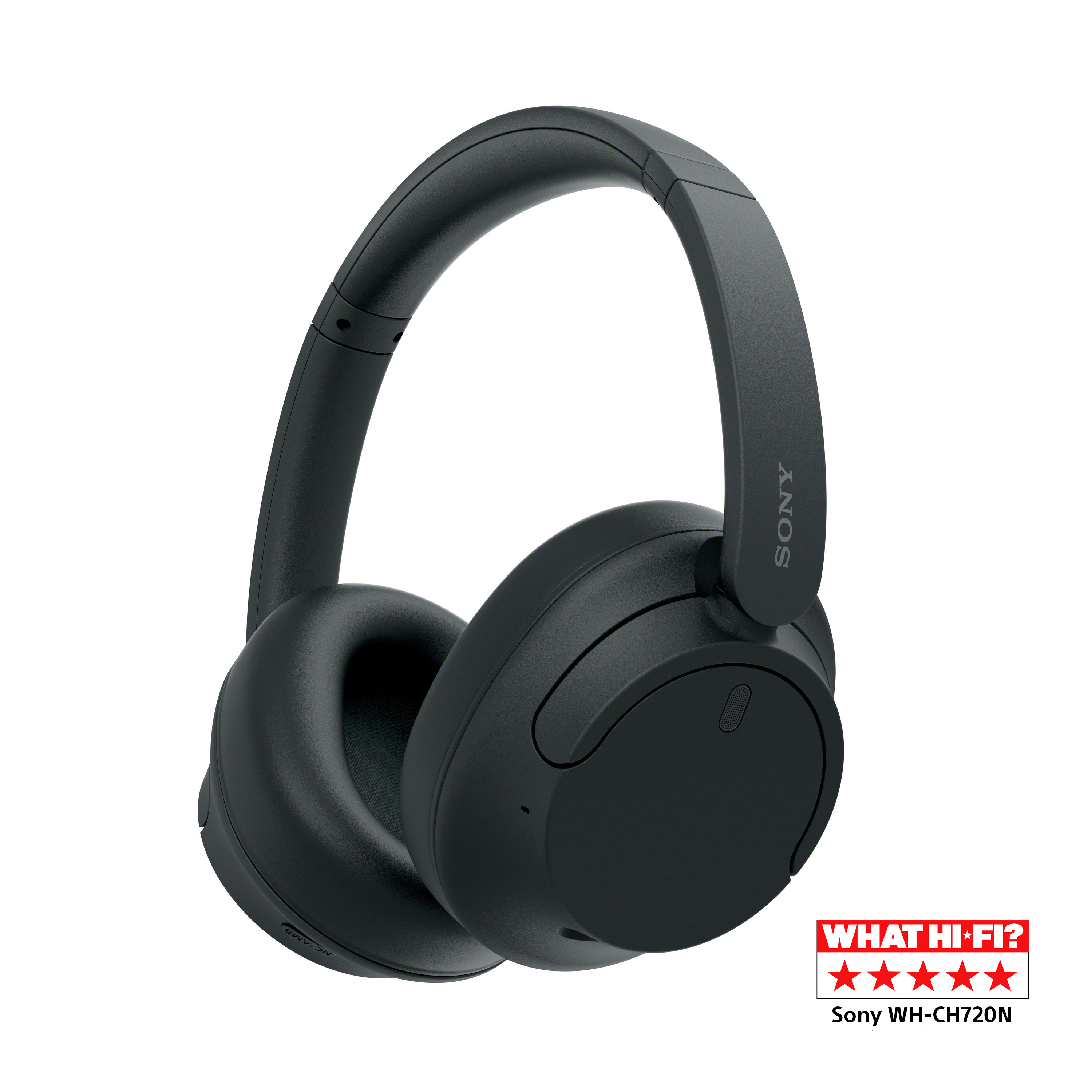 Auriculares Sony negros. Fondo blanco. Visible el logo 'What Hi-Fi?'.
