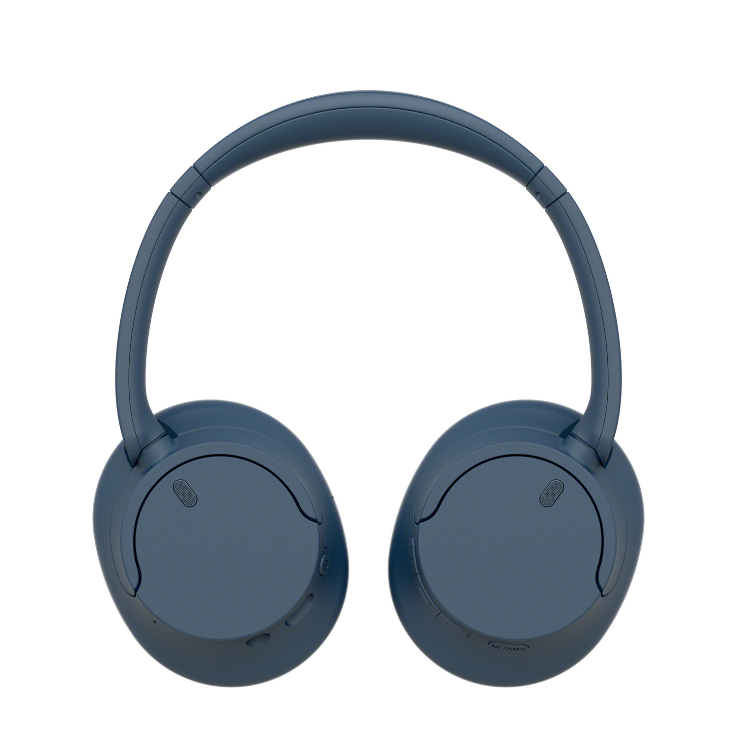 Auriculares azules sobre la cabeza sobre fondo blanco, mostrando botones en la orejera.