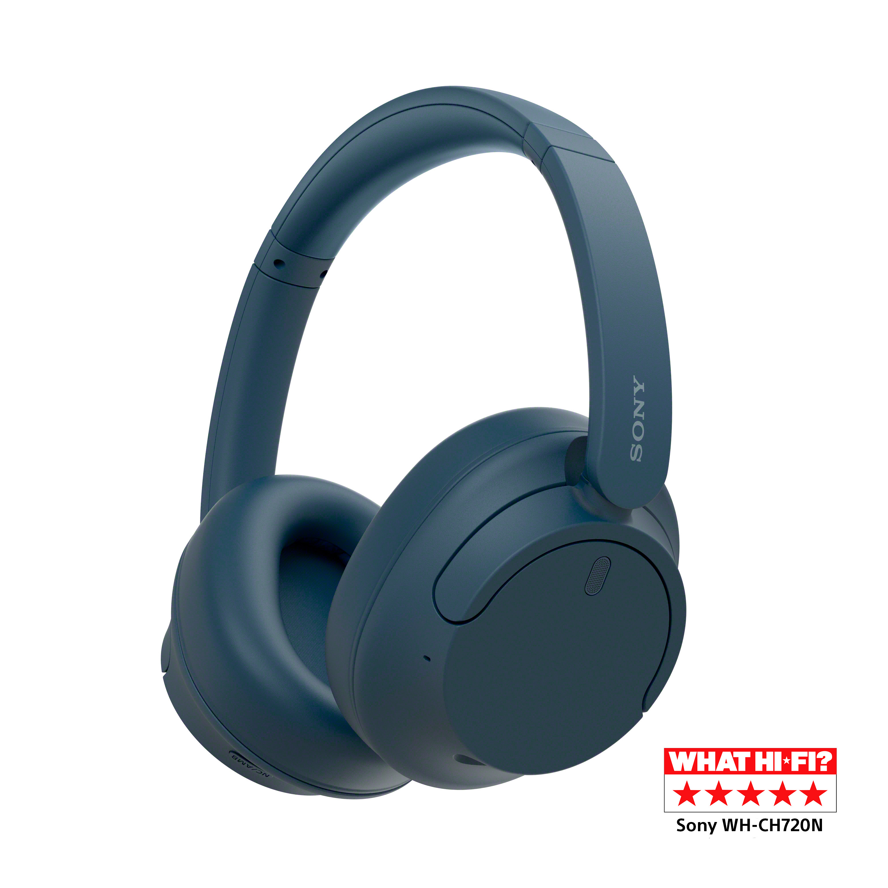 Auriculares azules con el logotipo de Sony y una calificación de 'What Hi-Fi?'.