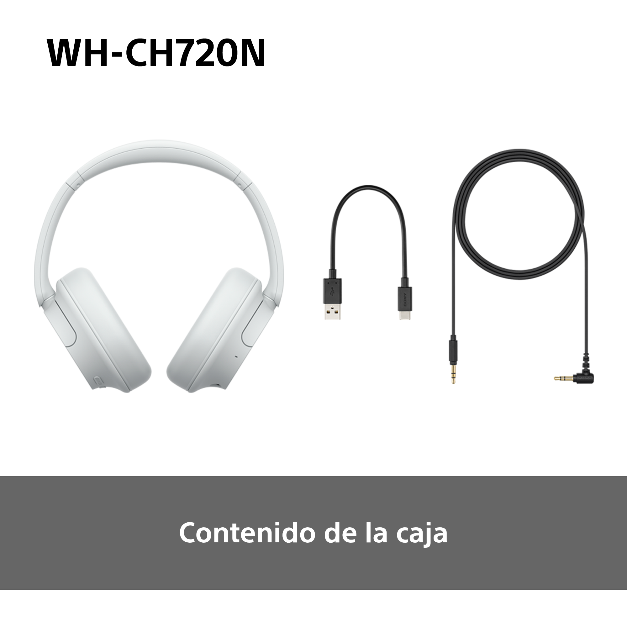 Auriculares Sony WH-CH720N blancos y accesorios, con texto en español.