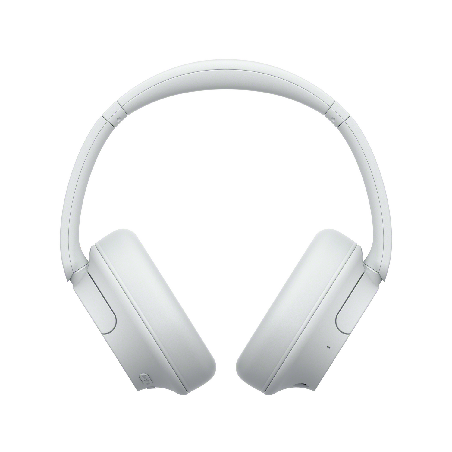 Auriculares Sony blancos, vista trasera, mostrando los auriculares y el área de botones sobre fondo blanco.