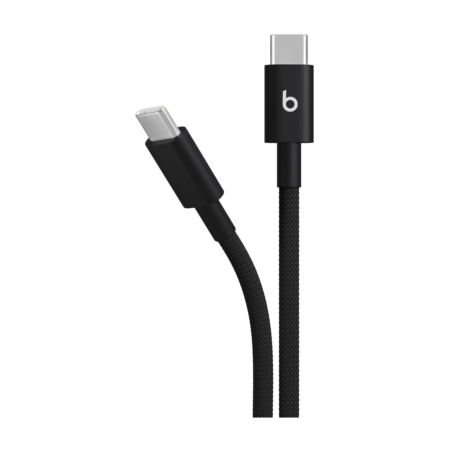 Cavo USB-C nero con logo Beats e trama intrecciata su sfondo bianco.