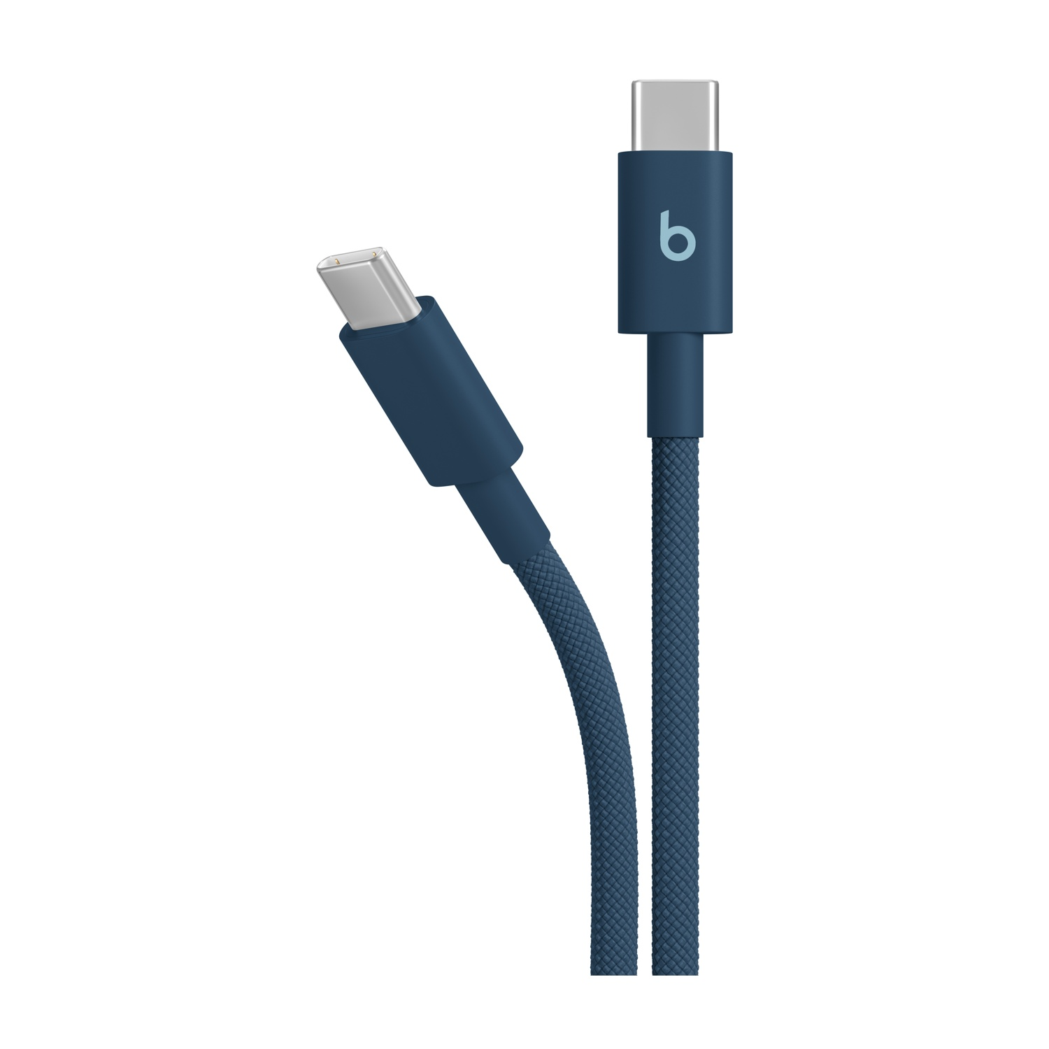 Cavo USB-C blu con logo Beats grigio. Sfondo bianco.