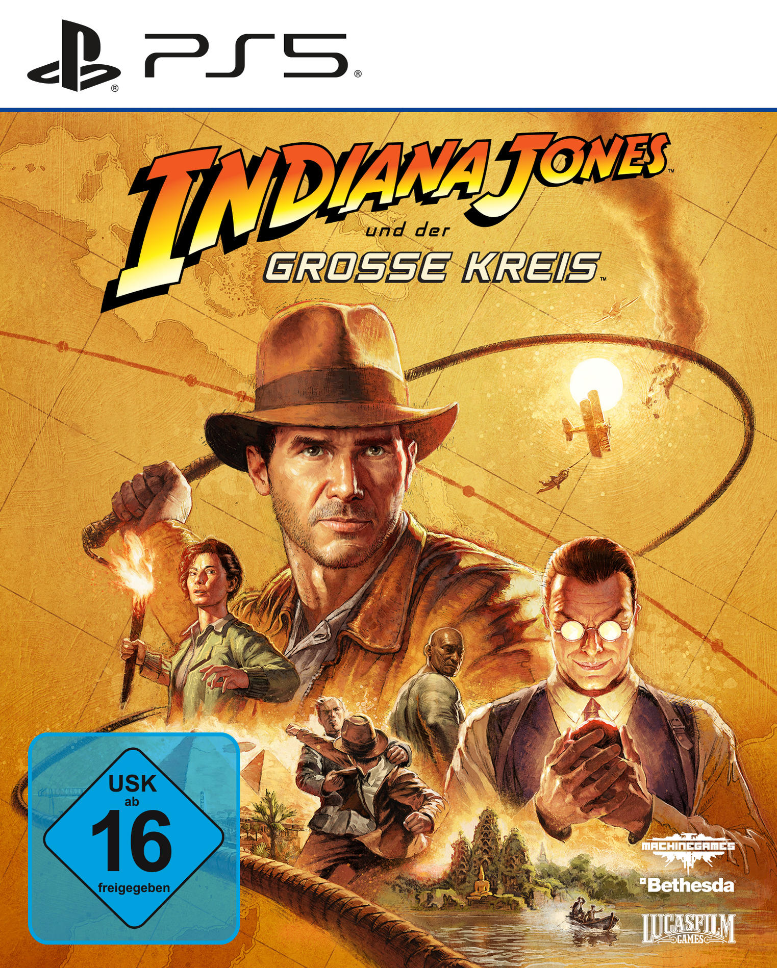Indiana Jones Videospiel-Cover. Harrison Ford mit Hut. Andere im Hintergrund vor gelbem Hintergrund.