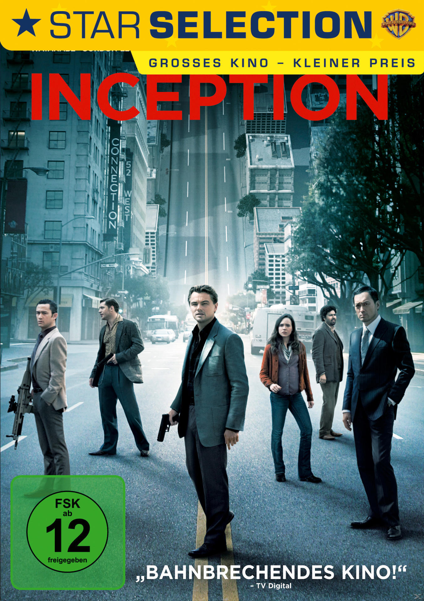 Filmposter für 'Inception': Schauspieler in Stadtszene mit Titel und Logos.
