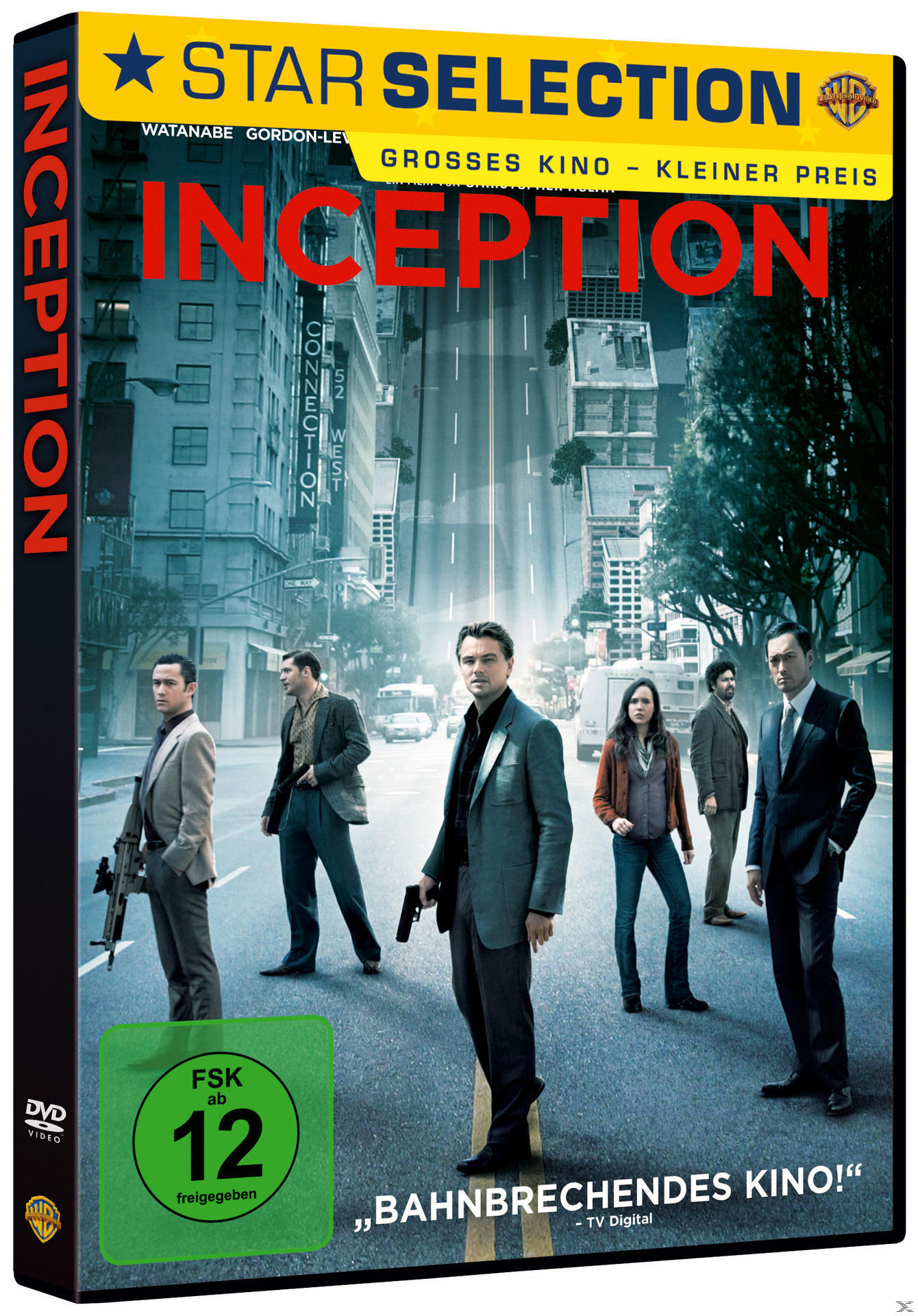 DVD-Cover des Films Inception. Mit Schauspielern und einer Stadtlandschaft.