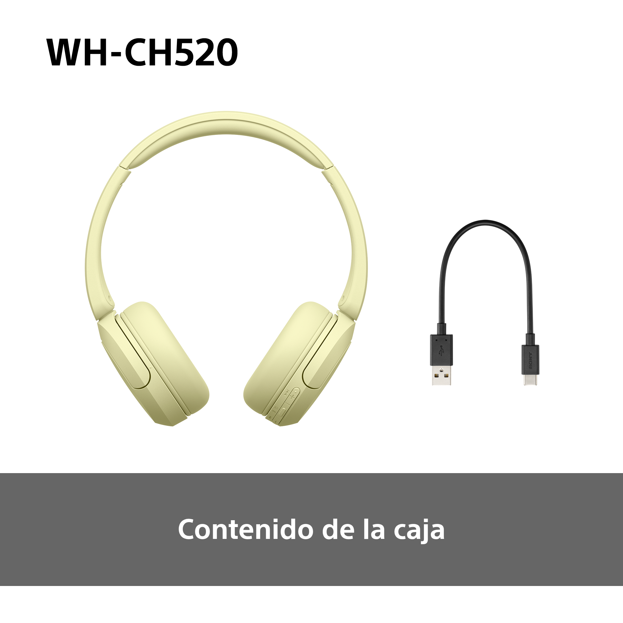 Auriculares amarillos y un cable USB negro sobre fondo blanco. Texto: 'Contenido de la caja'.