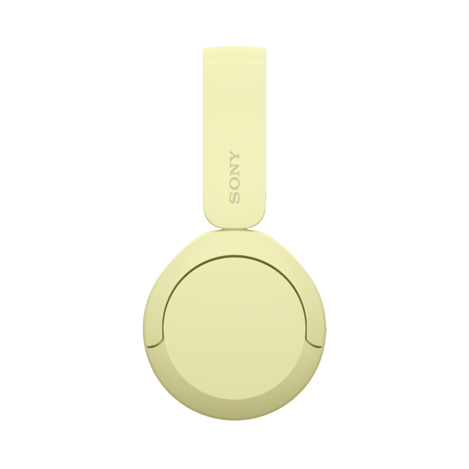 Auriculares amarillos con la palabra SONY en la diadema, vista superior.