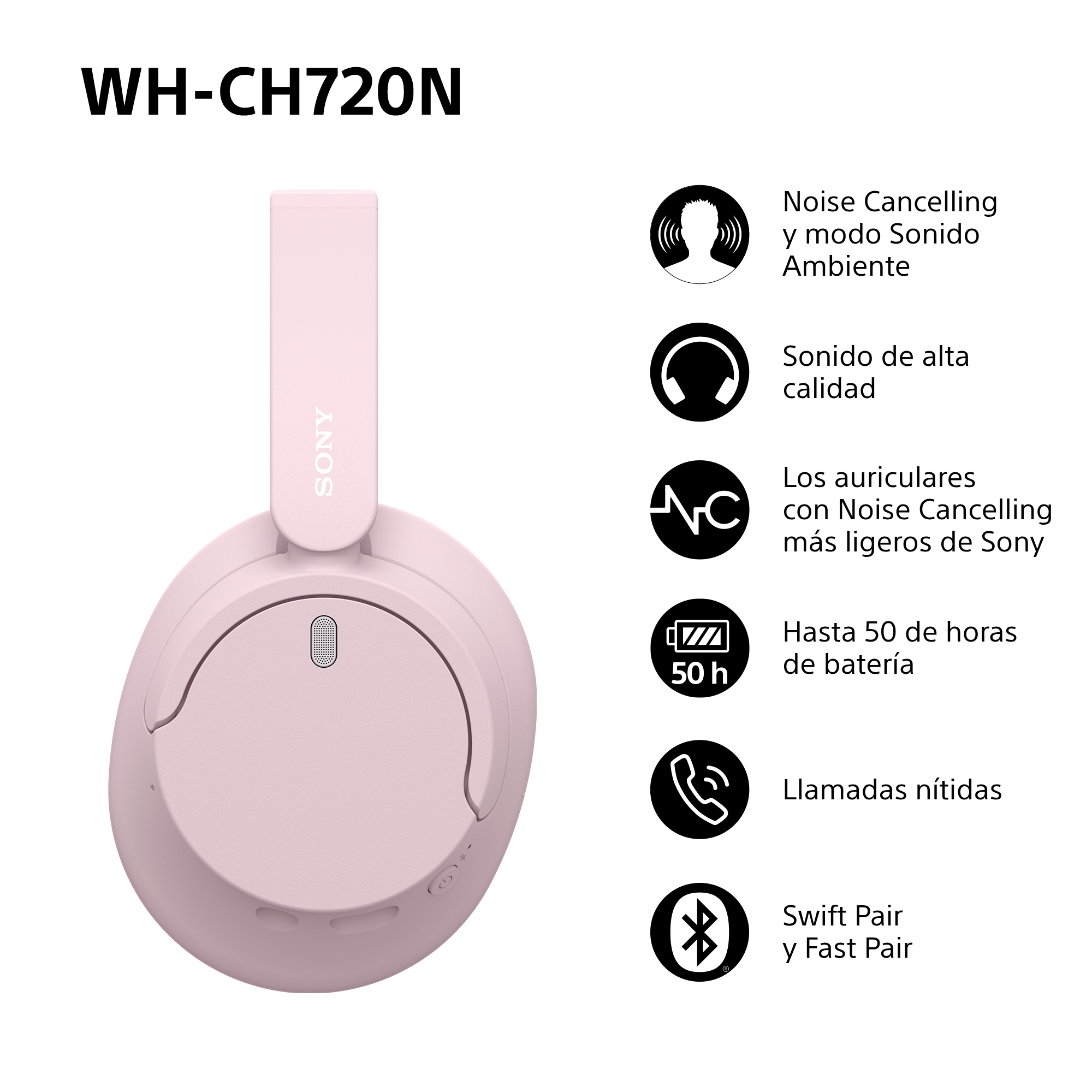 Auriculares Sony rosas con iconos de funciones: cancelación de ruido, alta calidad de sonido, batería.