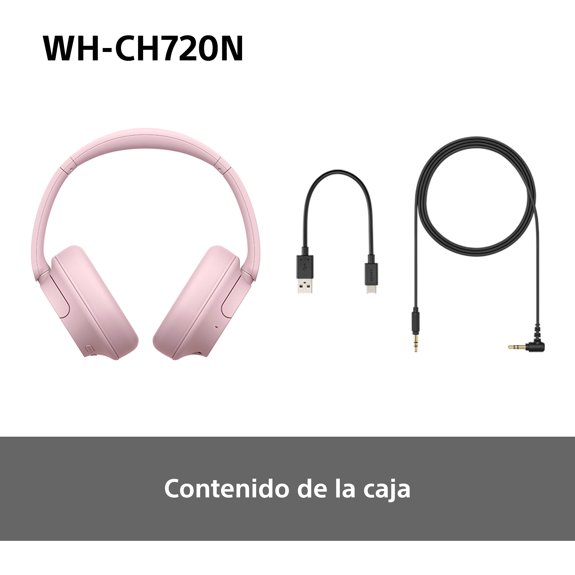 Auriculares rosas con cable de carga y cable USB sobre fondo blanco.
