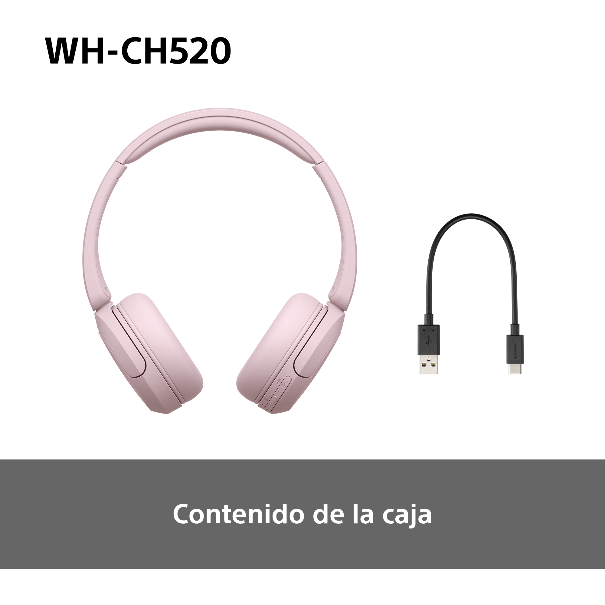 Auriculares rosas y un cable USB-C negro se muestran sobre fondo blanco.