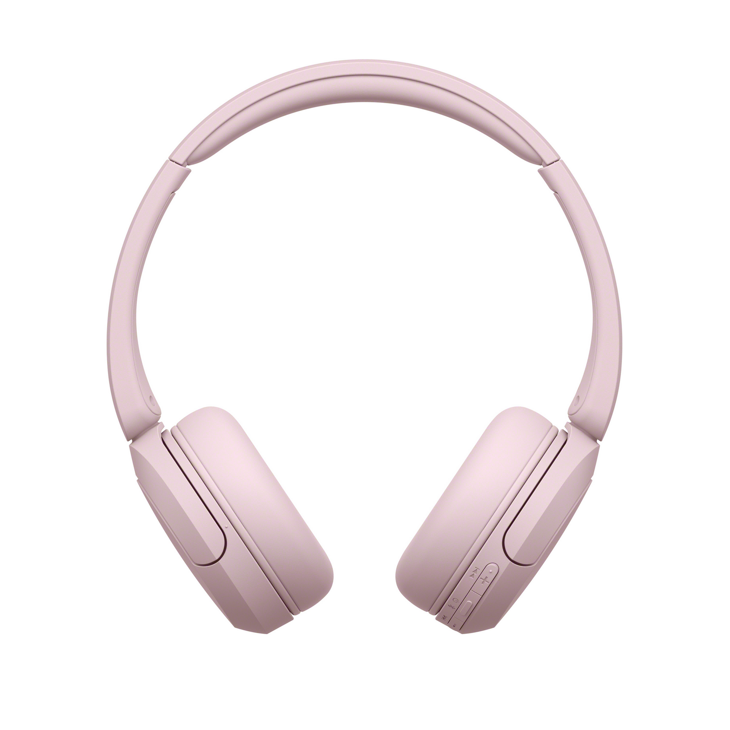 Un par de auriculares rosas con diadema y auriculares curvos, aislados sobre blanco.