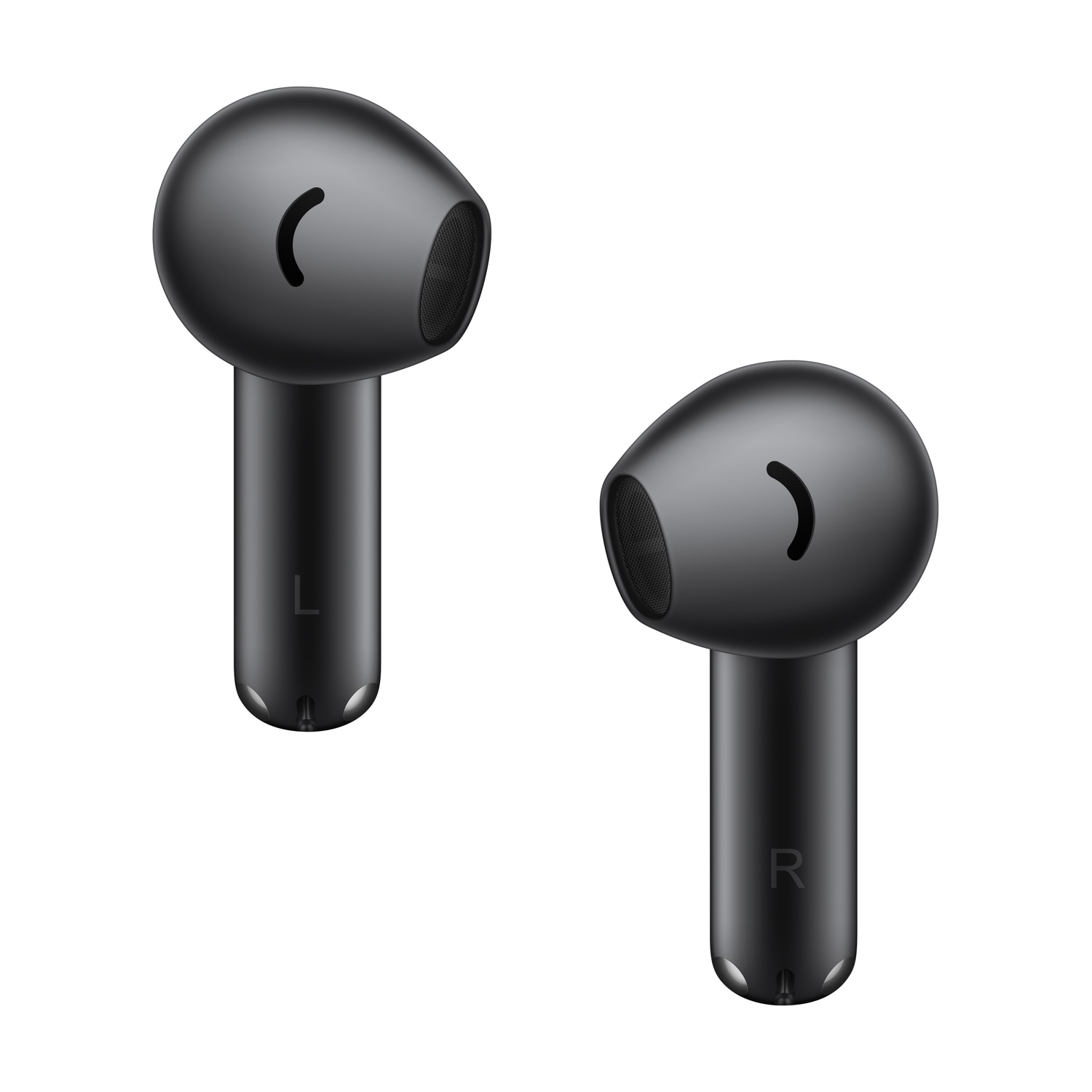 Due auricolari wireless neri, quello sinistro con l'etichetta 'L' e quello destro con l'etichetta 'R'.