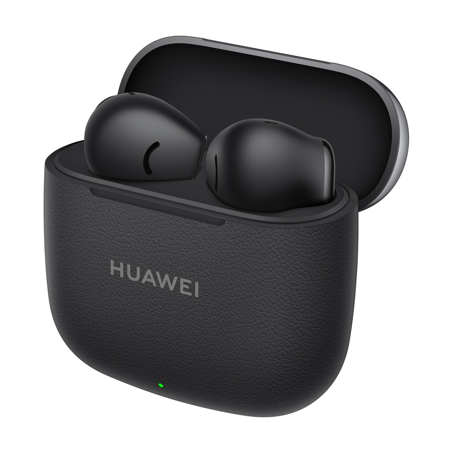Una custodia nera per auricolari con auricolari all'interno. Gli auricolari sono neri e la custodia ha il logo Huawei.