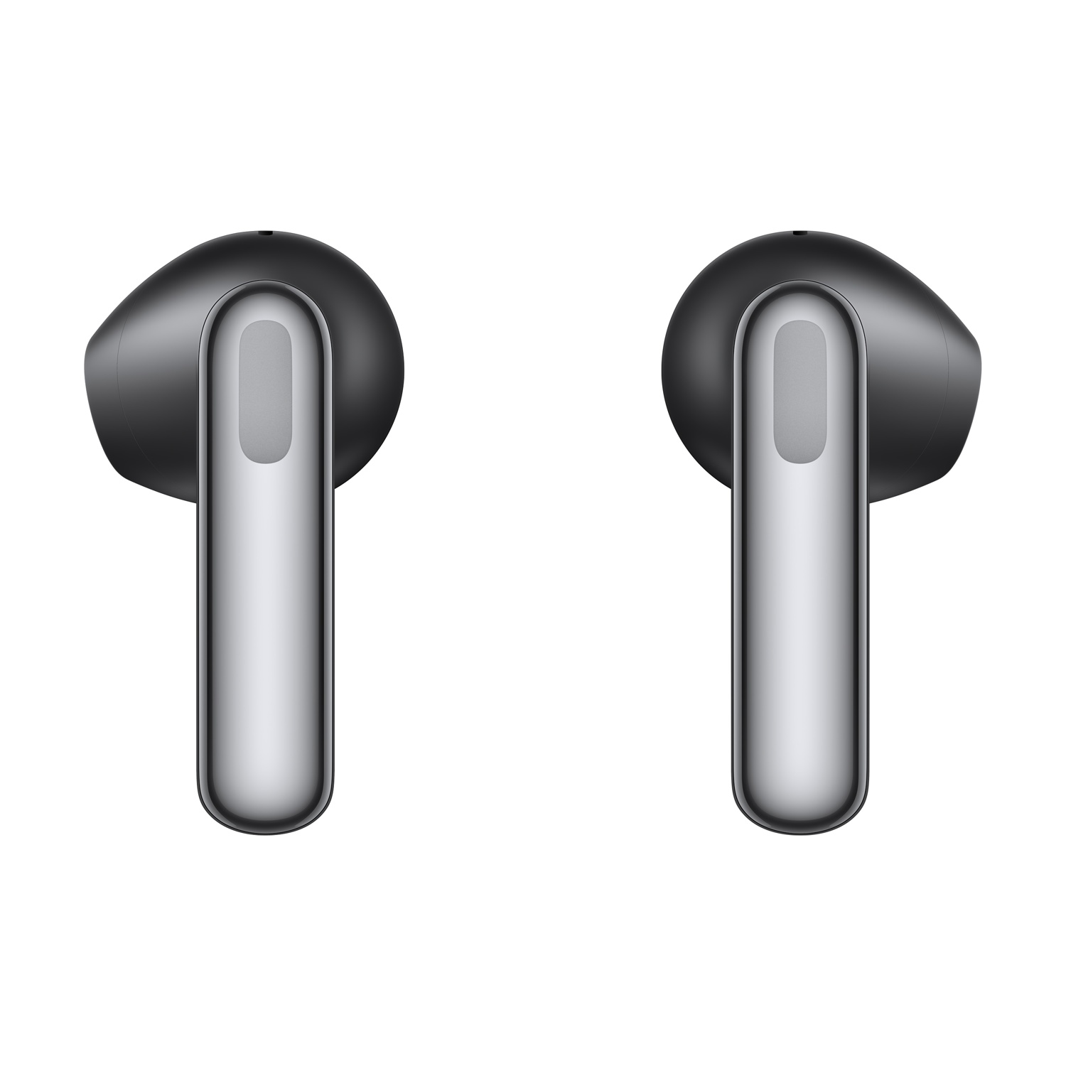 Due auricolari wireless neri e argentati, visti di lato, su sfondo bianco.