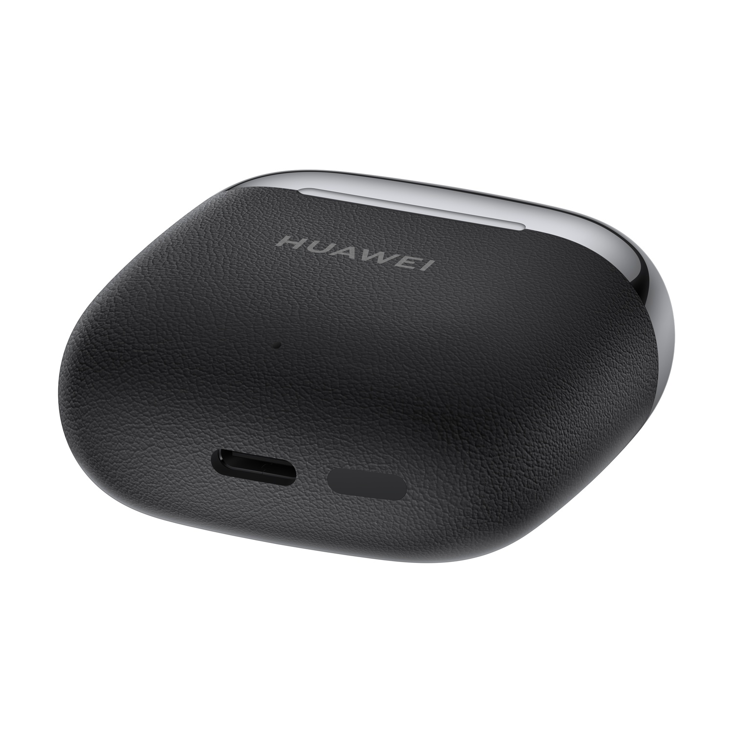 Custodia di ricarica nera chiusa per auricolari Huawei su una superficie bianca.