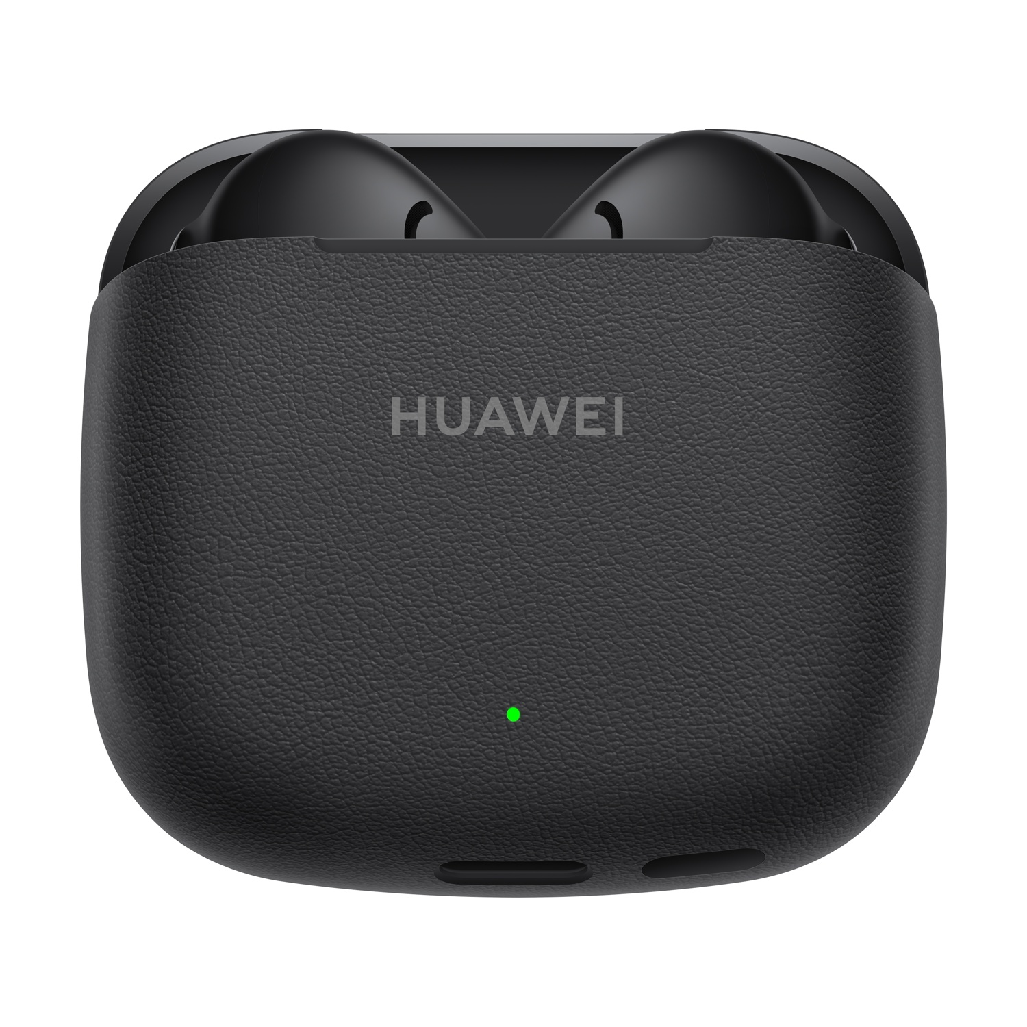 Custodia nera per auricolari Huawei con auricolari all'interno, aperta su sfondo bianco.