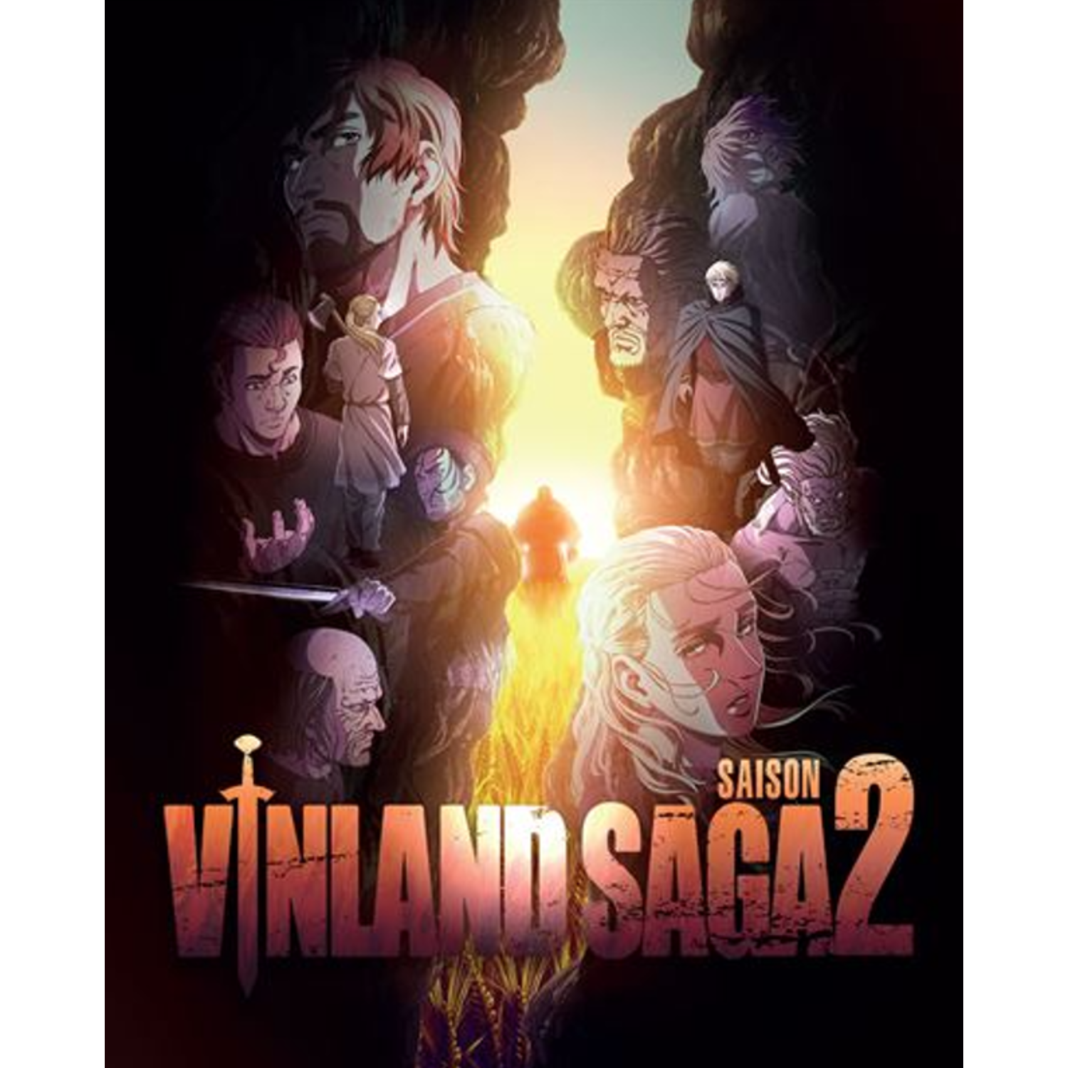 Affiche d'anime pour Vinland Saga Saison 2. Comprend plusieurs personnages. Fond sombre avec texte.
