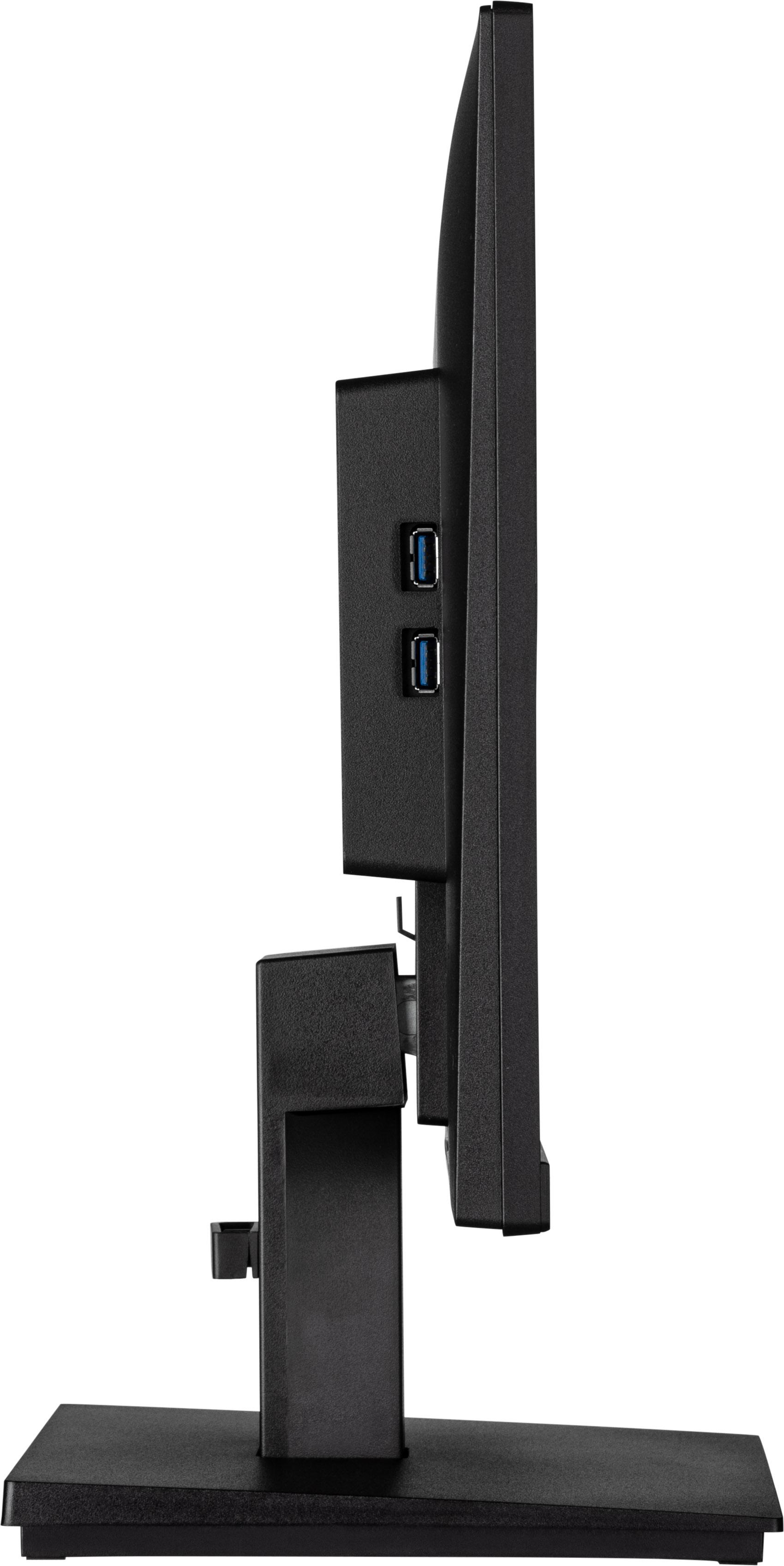 Ein schwarzer Computermonitor von der Seite, zeigt Anschlüsse und Ständerdetails.