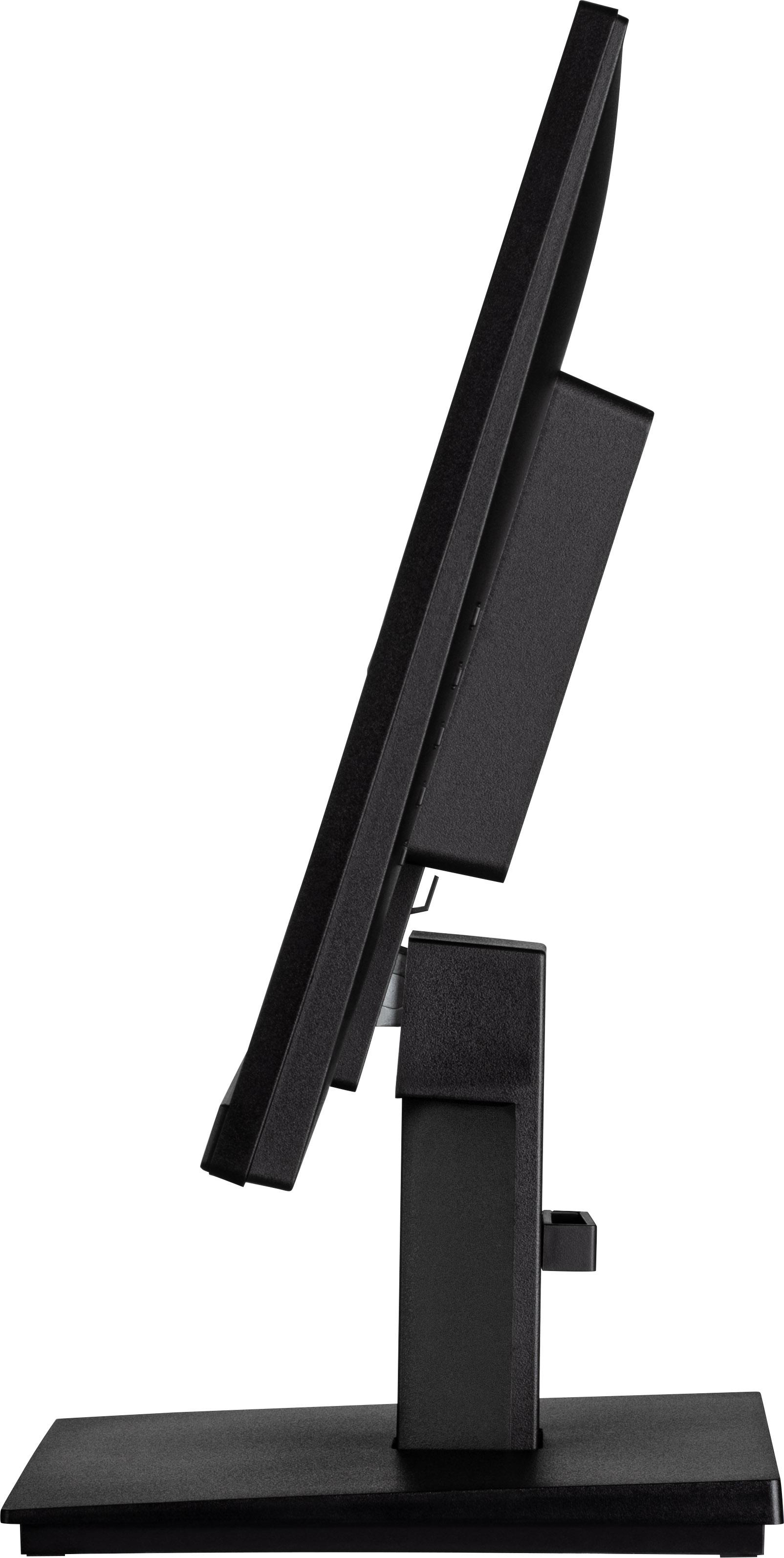 Ein Monitor von der Seite. Er ist schwarz und hat einen Ständer. Der Bildschirm ist abgewinkelt.