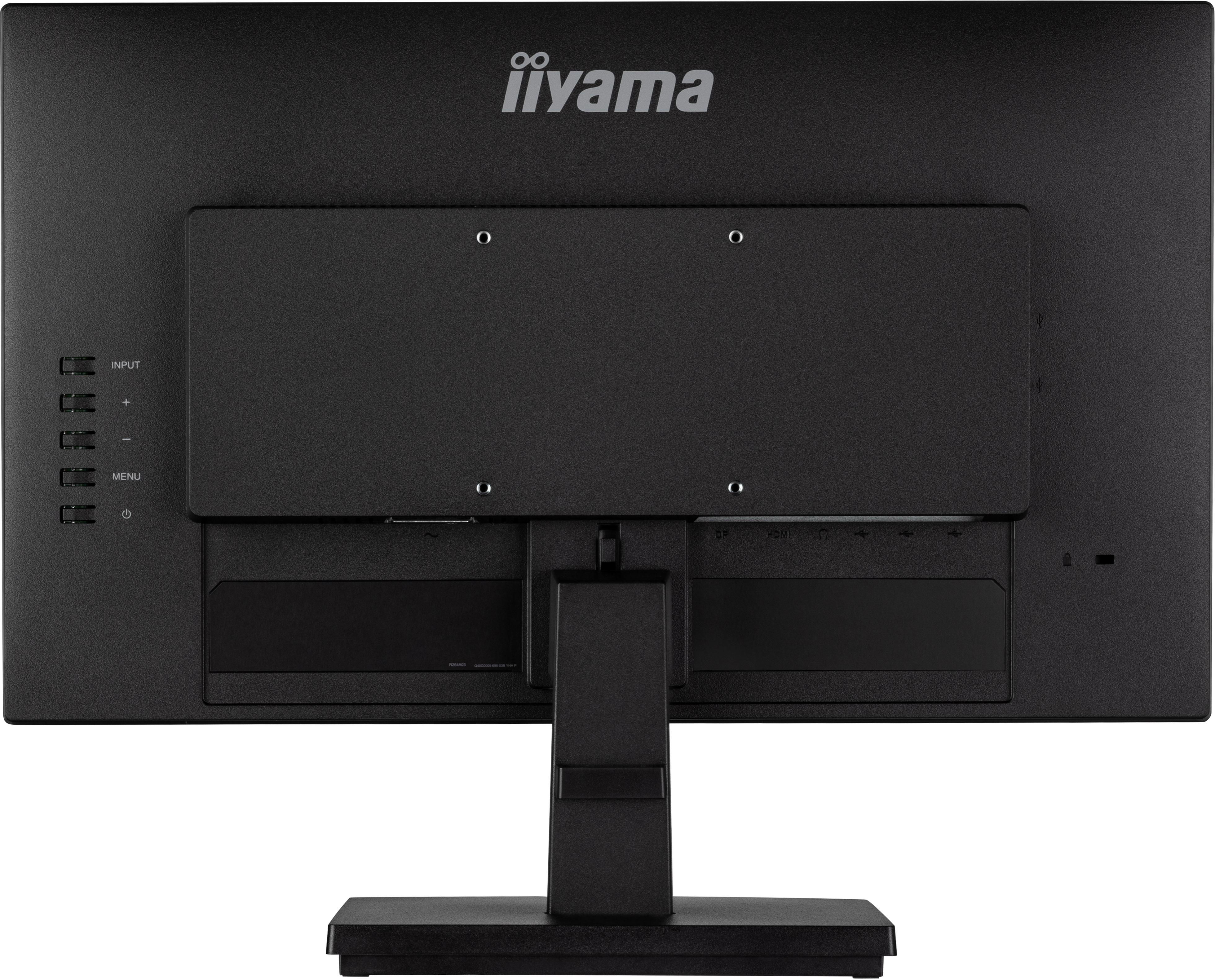 Die Rückseite eines schwarzen Computermonitors mit verschiedenen Eingangsanschlüssen, Tasten und einem Ständer.