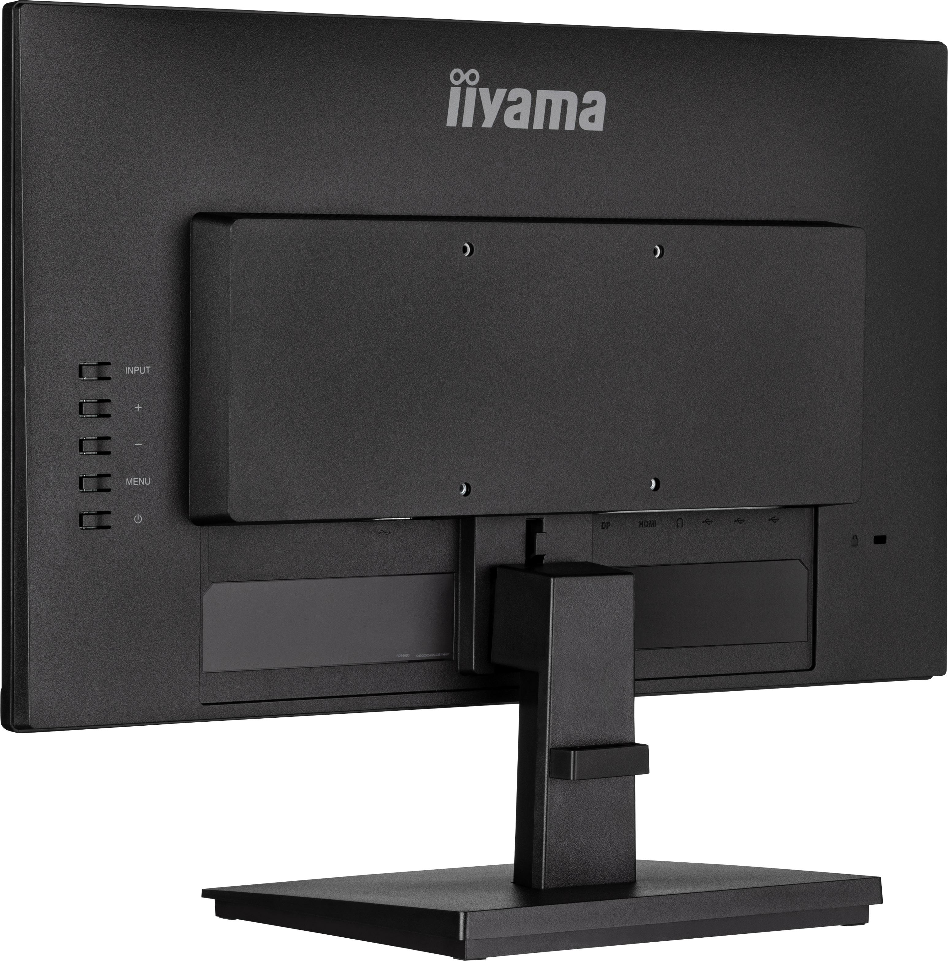 Rückansicht eines schwarzen Iiyama-Monitors mit Ständer, mit Anschlüssen und Montage.