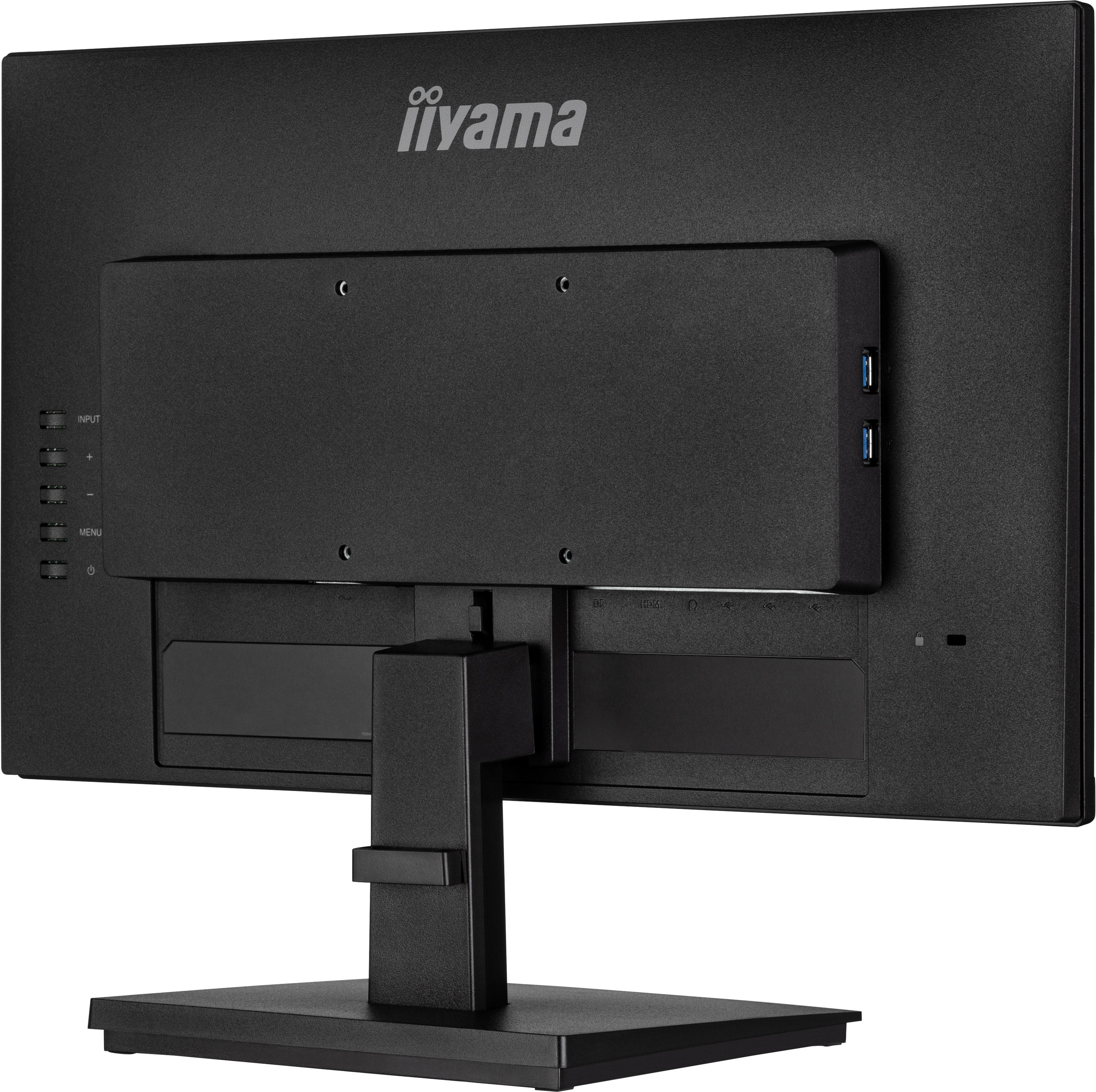 Rückansicht des Iiyama-Monitors mit Anschlüssen und Ständer.