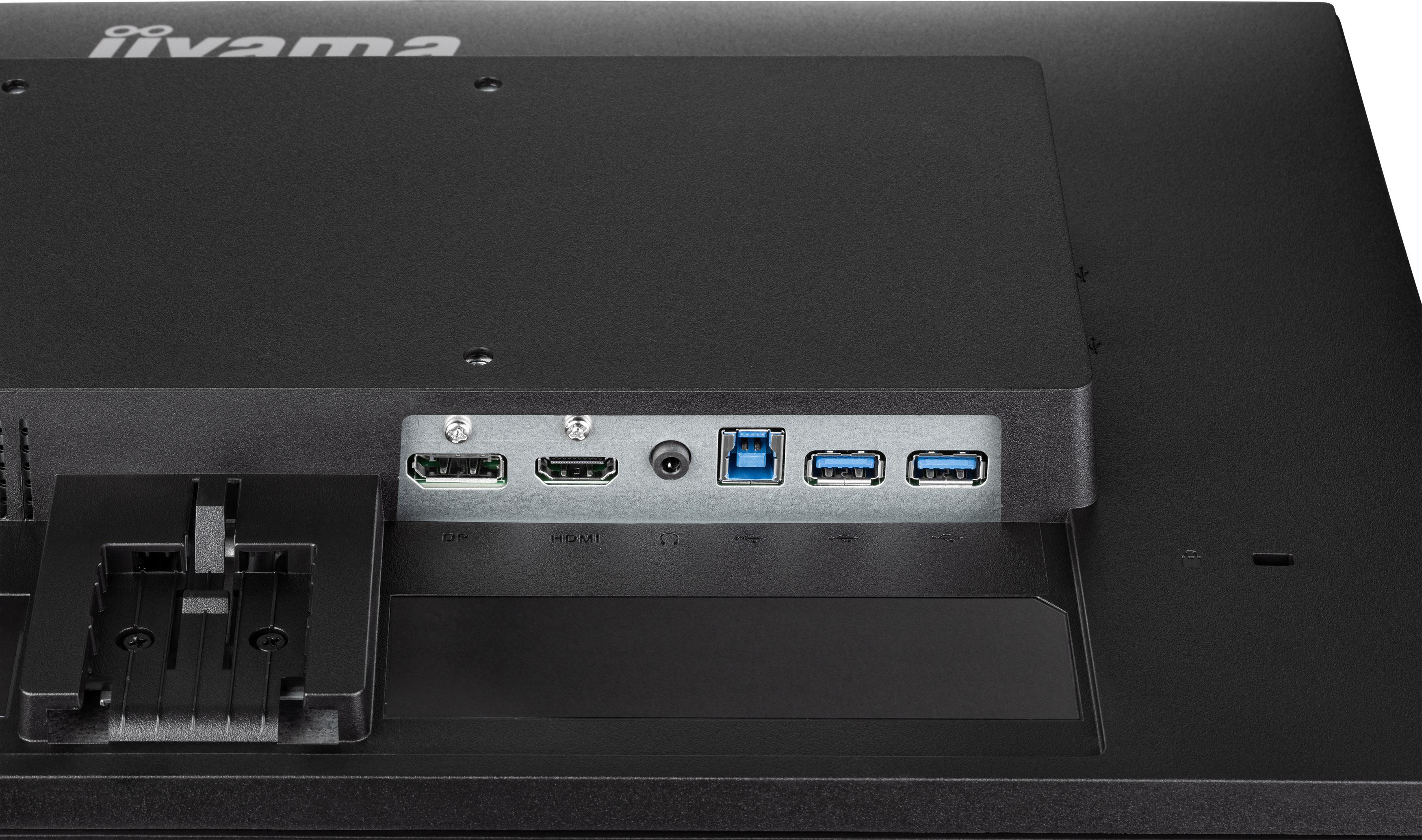 Nahaufnahme der Rückseite eines Monitors. Zeigt verschiedene Anschlüsse und Stecker.